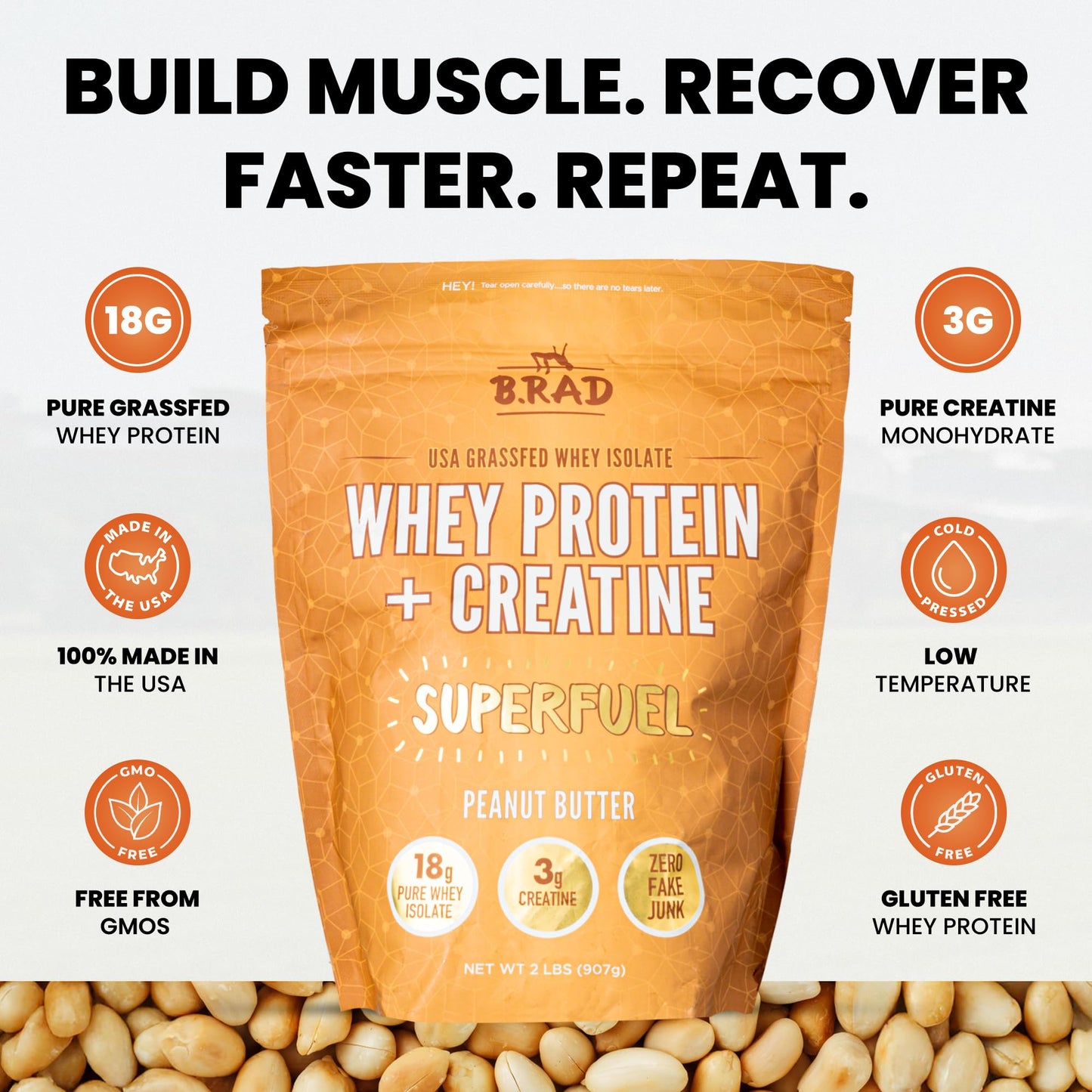 B.rad Superfuel Grass Fed Whey Protein Isolate Boosted with Creatine Peanut Butter Powder, 2 lb, 32 Servings