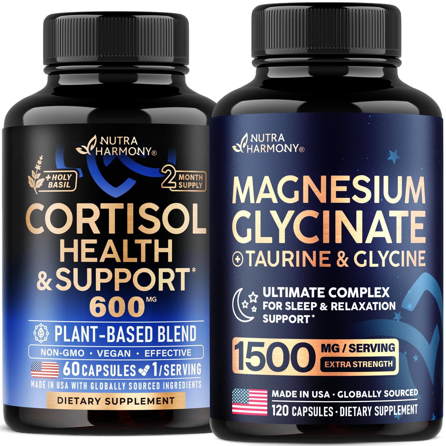 NUTRAHARMONY Cortisol Support & Magnesium Glycinate with Glycine Capsules, 180 Count