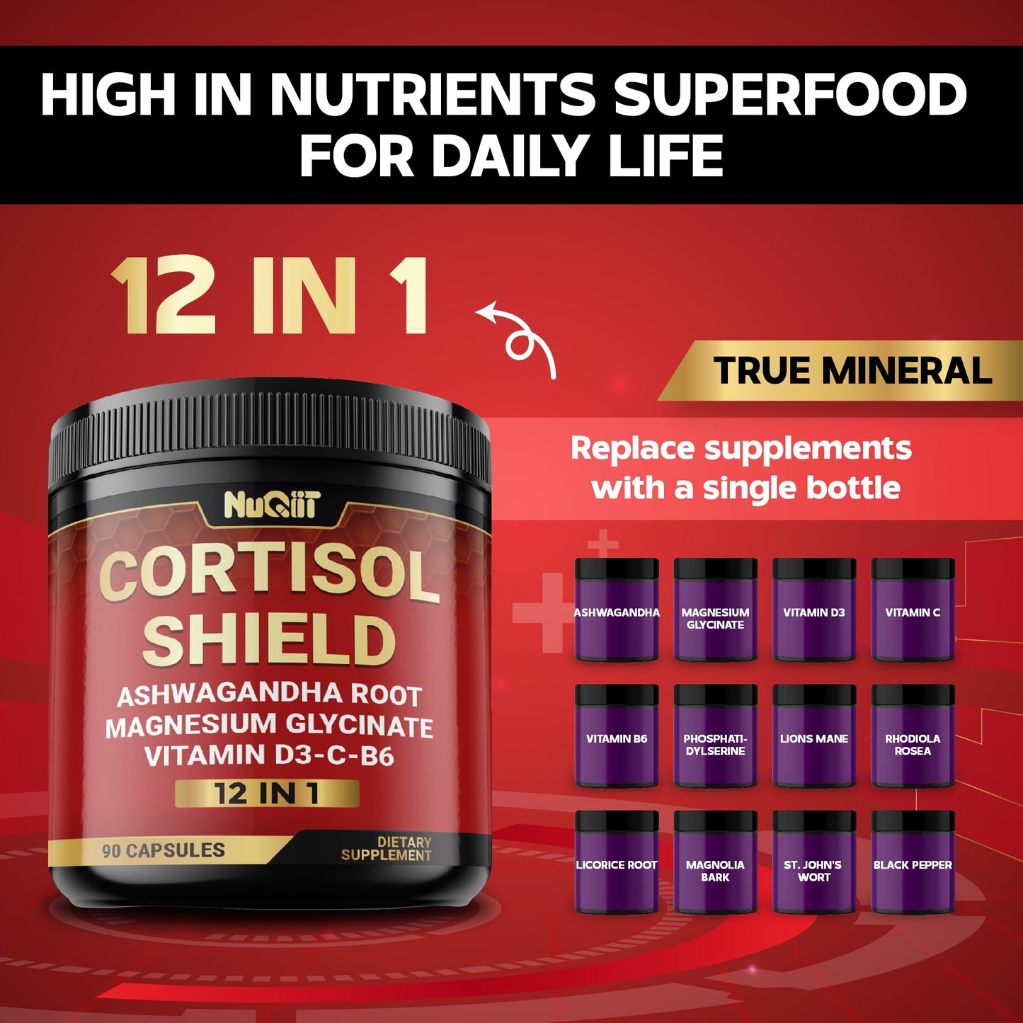NUQIIT 12in1 Cortisol Shield - Ashwagandha and Magnesium & 10 More, 90 Capsules