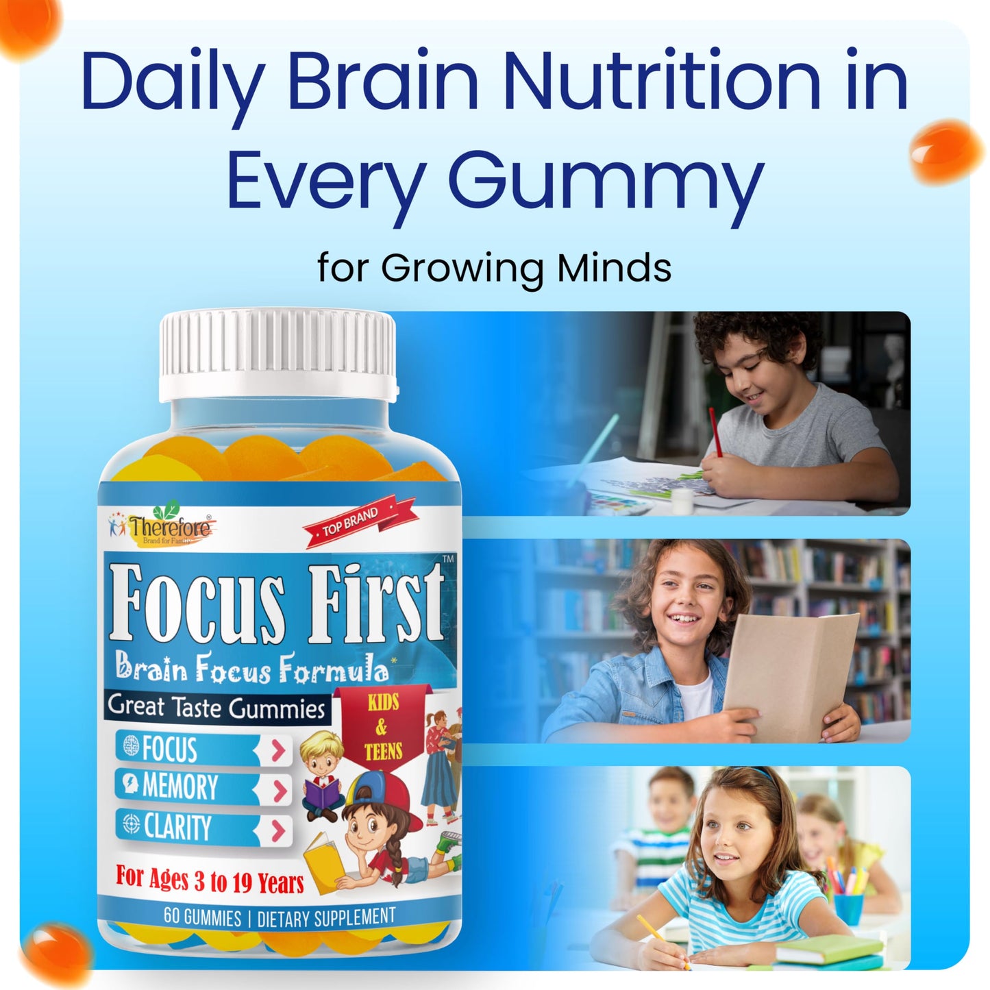 Therefore Focus Gummies for Kids & Teens Omega-3 DHA for Memory, Concentration and Attention, 60 Gummies