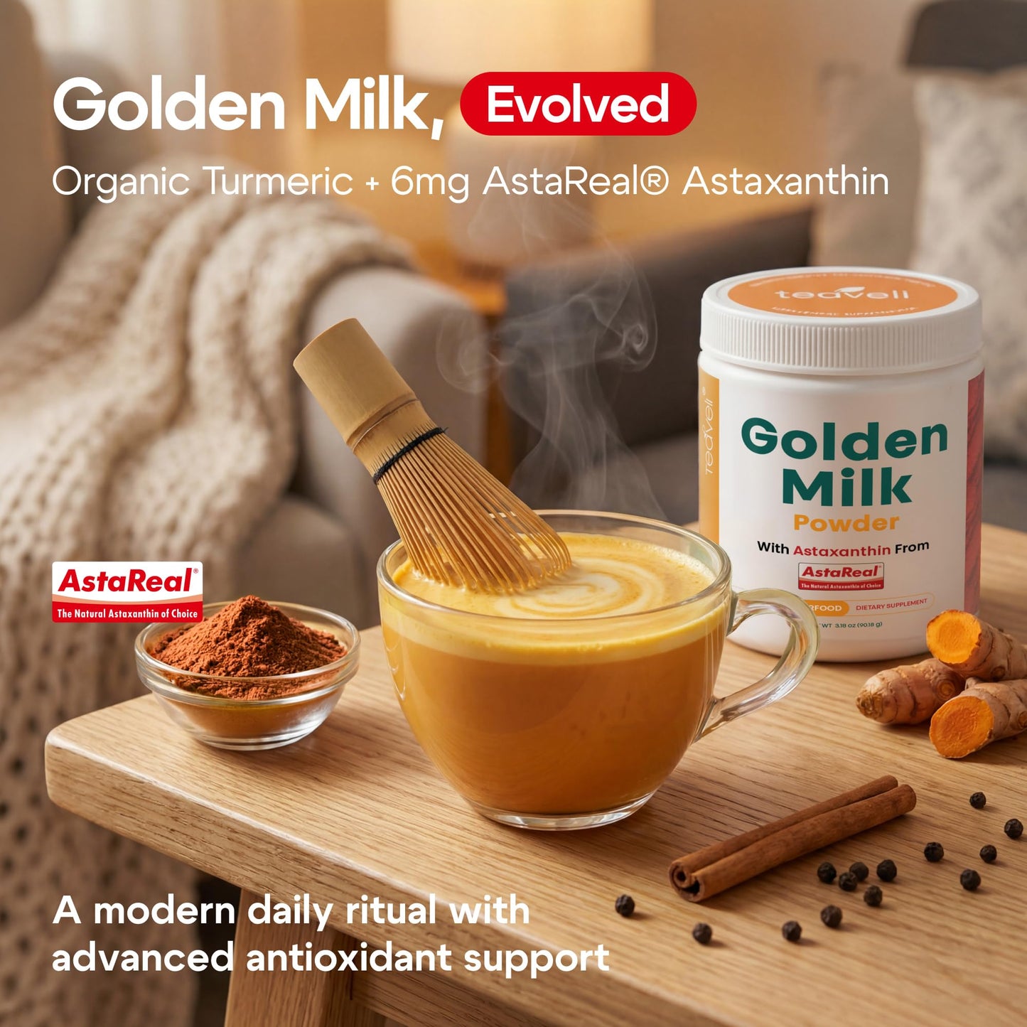 Teaveli Golden Milk Powder with Turmeric, Ginger, Curcumin, Cinnamon, KSM66 Ashwagandha, Tulsi & Natural Prebiotics– Unsweetened & Vegan Friendly with Astaxanthin Capsule 1