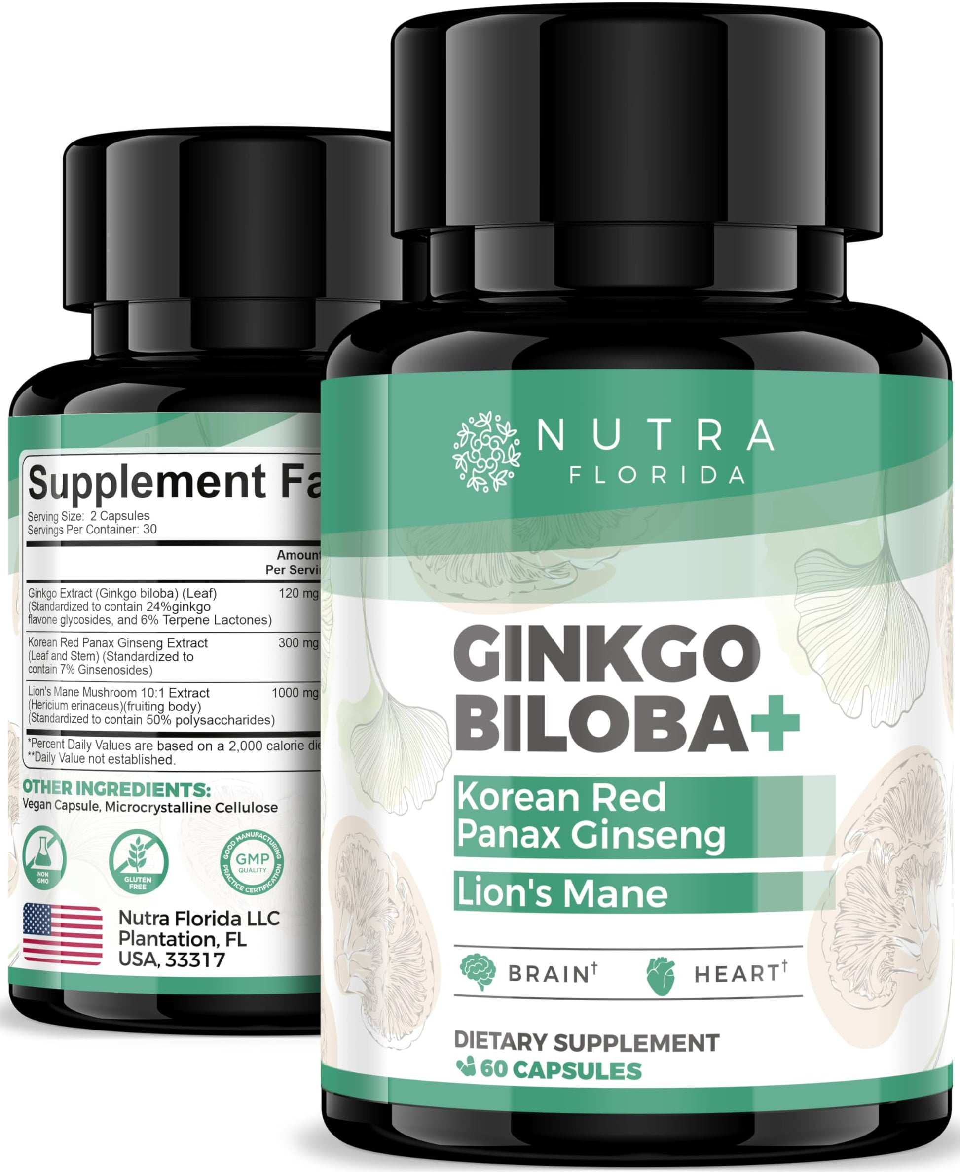 Nutra Florida Ginkgo Biloba with Korean Red Ginseng & Lion's Mane Mushroom Capsules, 60 Capsules