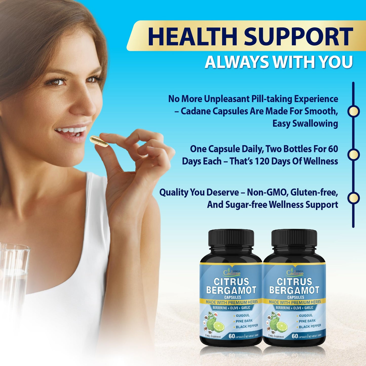 Organic Cadane Citrus Bergamot Extract Capsules with Berberine, Olive, Guggul, Garlic, Pine Bark, Black Pepper, 120 Capsules