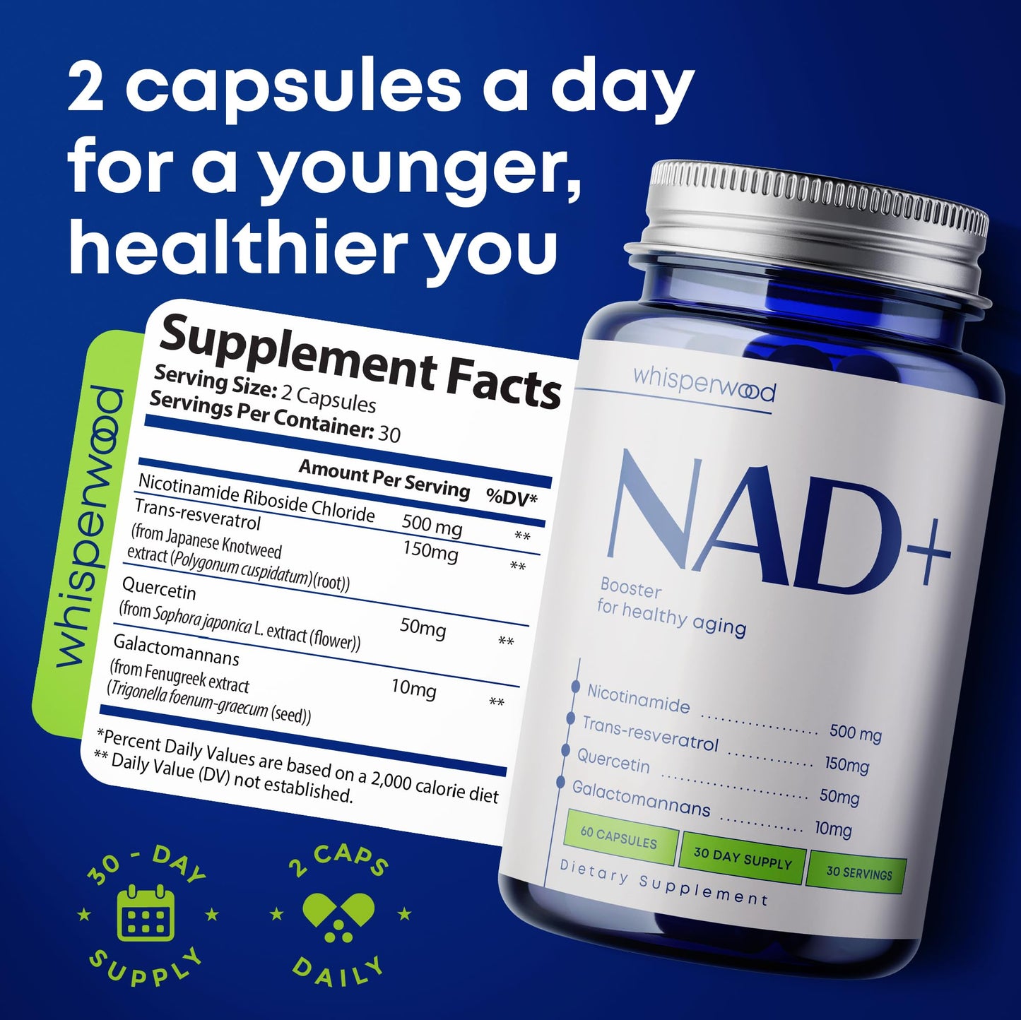 WHISPERWOOD NAD+ Supplement with Nicotinamide Riboside, Trans-Resveratrol & Quercetin, 60 Capsules