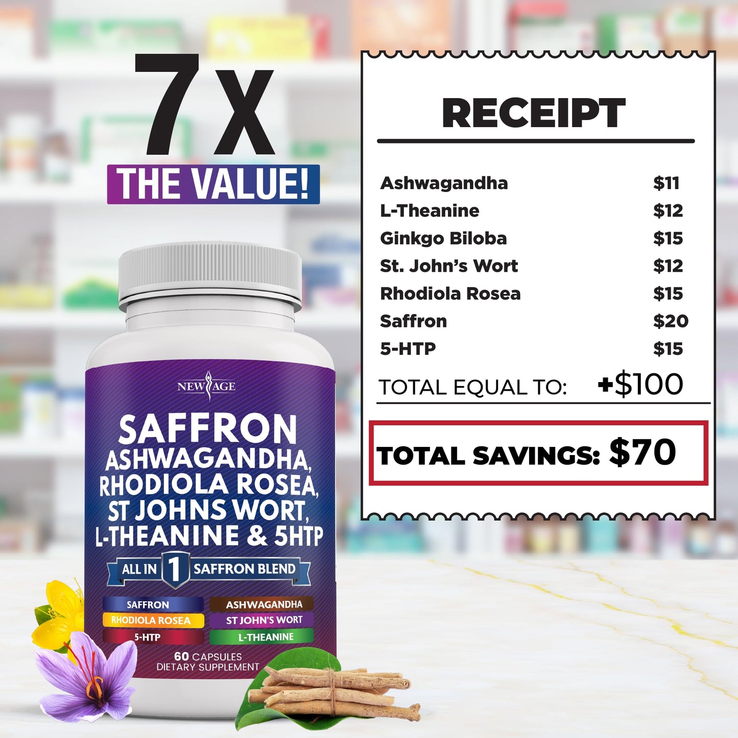 NEW AGE Saffron Supplements with Ashwagandha Capsules, 60 Count