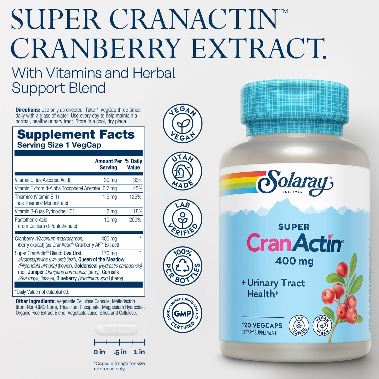 SOLARAY Super CranActin Cranberry Extract 400mg Capsules, 120 Count