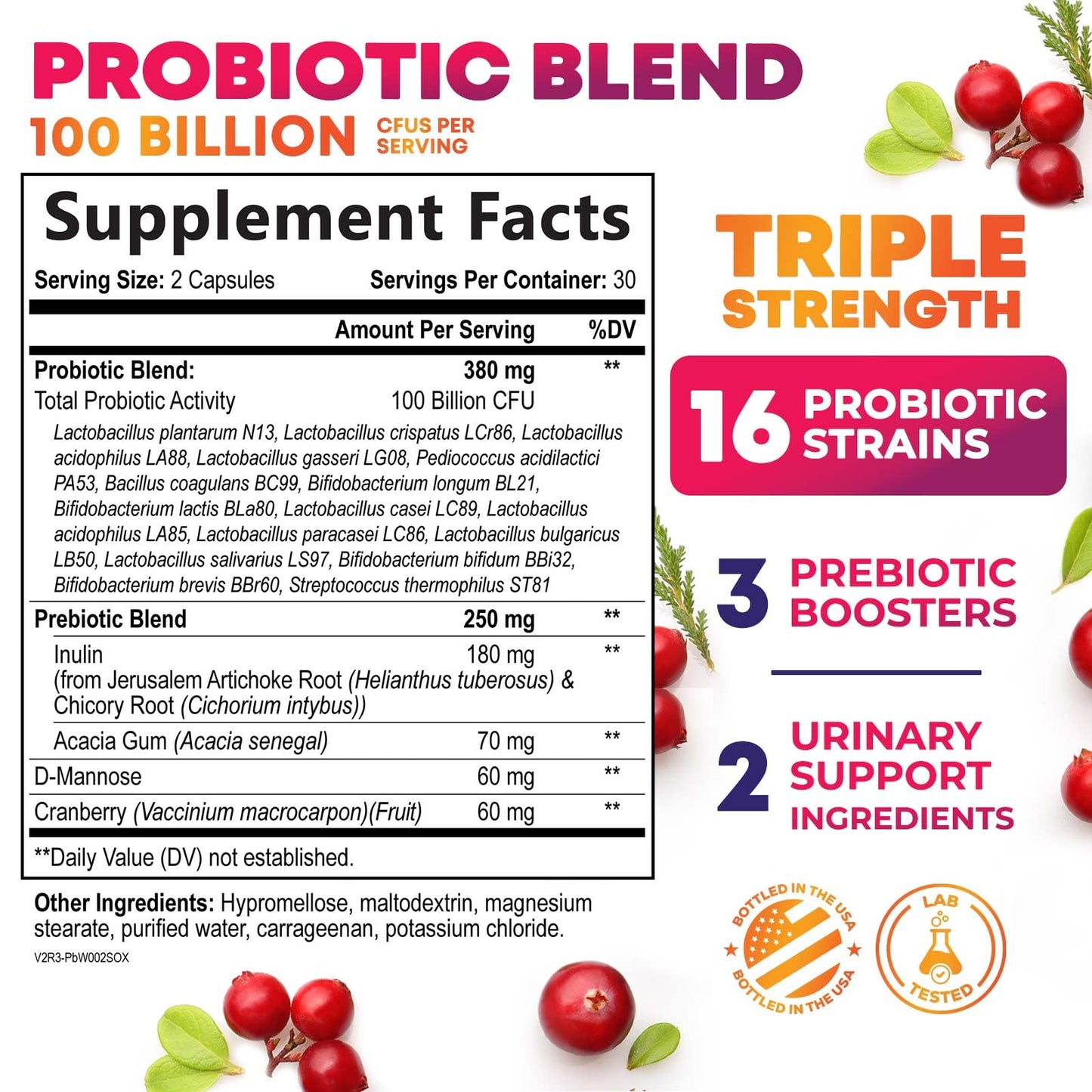 Nature's Nutrition Probiotics for Women Probiotic Blend 100 Billion CFU Per Serving, 16 Strains, Cranberry & Prebiotics Capsule, 60 Capsules