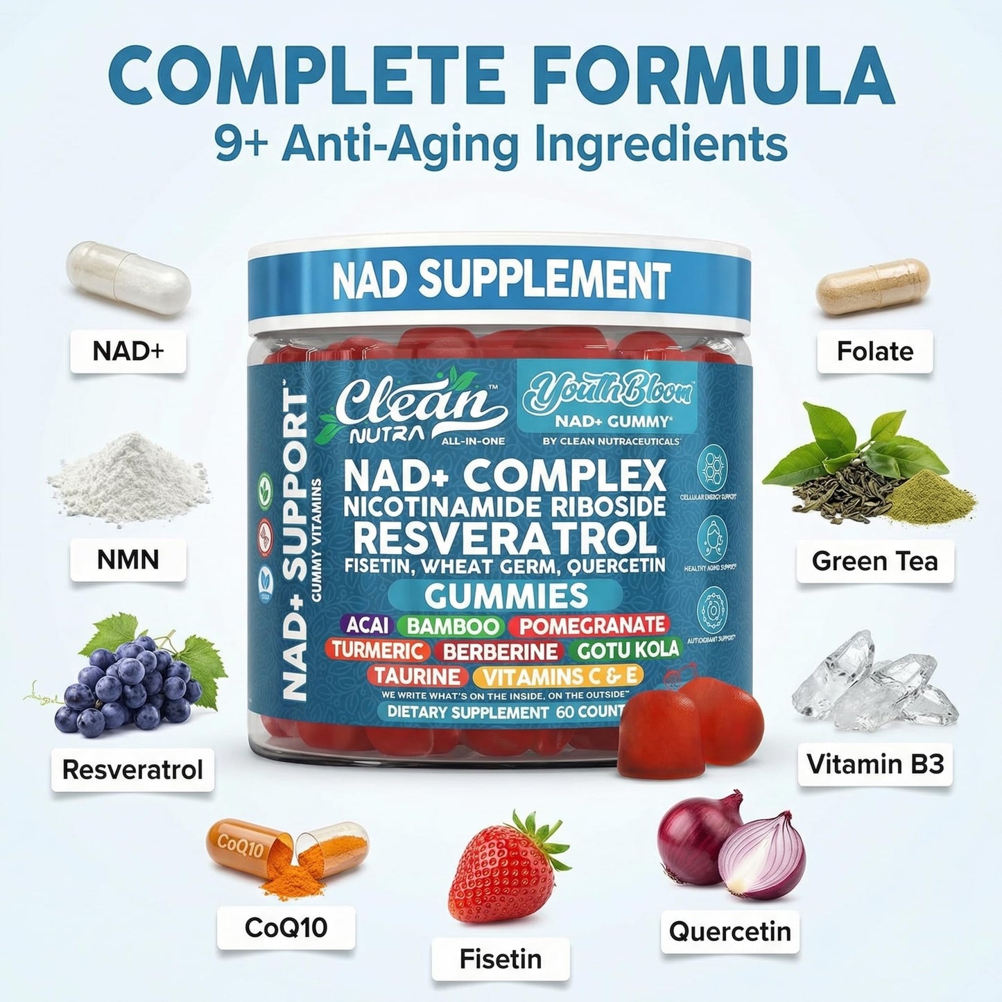 Clean Nutraceuticals Youth Bloom NAD+ Supplement Gummies, 60 Count
