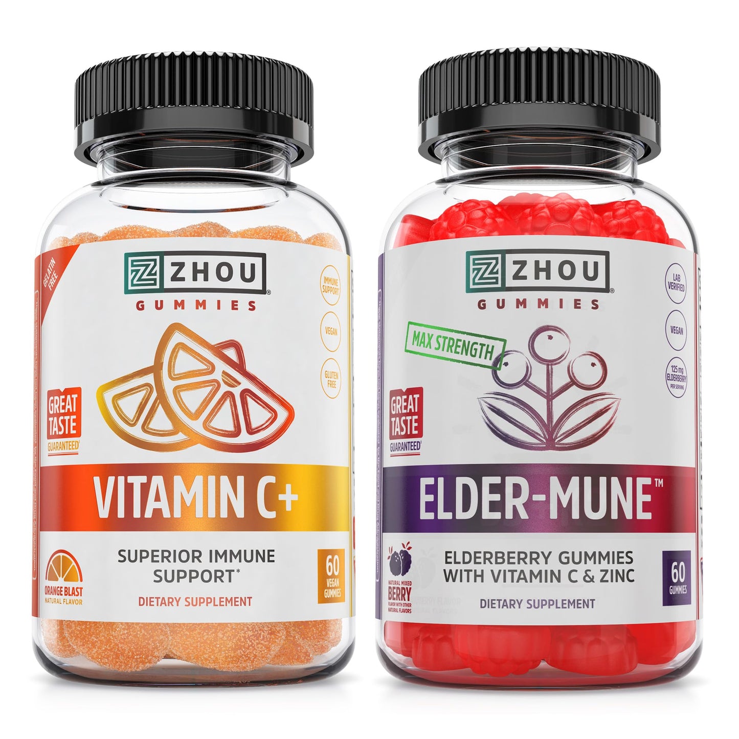 ZHOU Immune Support Bundle Gummies, 120 Count (60 Elderberry & 60 Vitamin C)