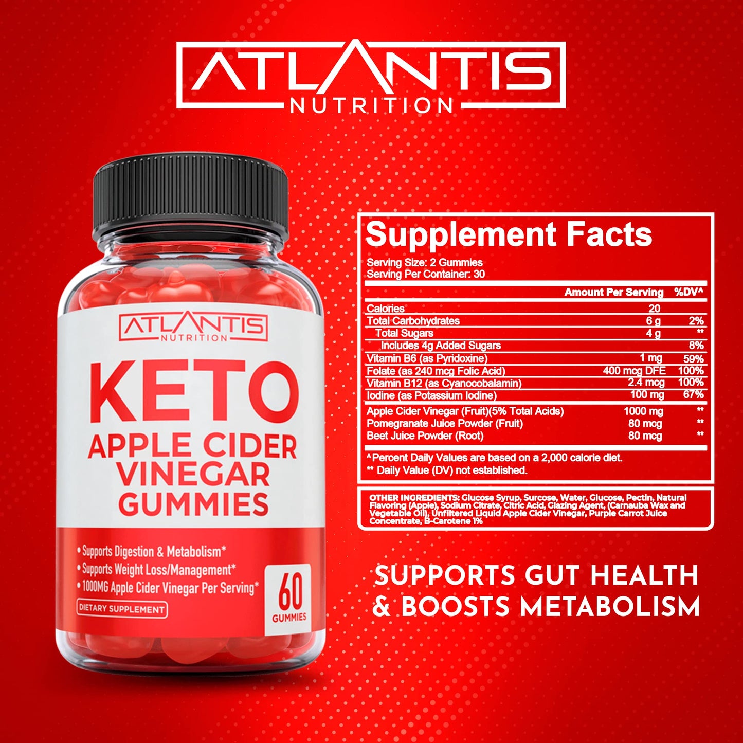 Atlantis Nutrition Keto Apple Cider Vinegar Gummies + Tart Cherry Gummies with Celery Seed Extract, 60 Gummies