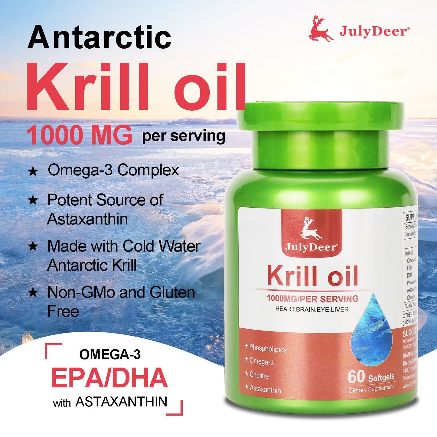 JulyDeer Antarctic Krill Oil 1000 mg with Omega-3s EPA, DHA, Astaxanthin and Phospholipids Softgels 60