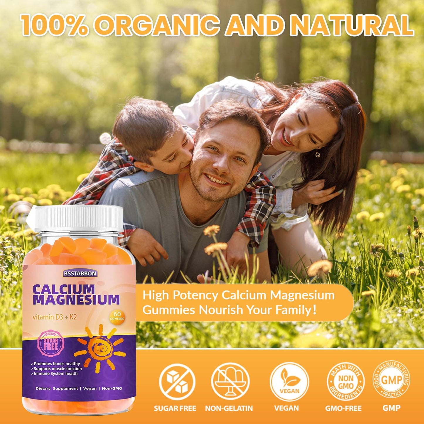 BSSTABBON Calcium Magnesium Gummies with Zinc Vitamin D3 K2 for Adults, Organic Sugar-Free Vegan Chewable, High Absorption, 60 Count