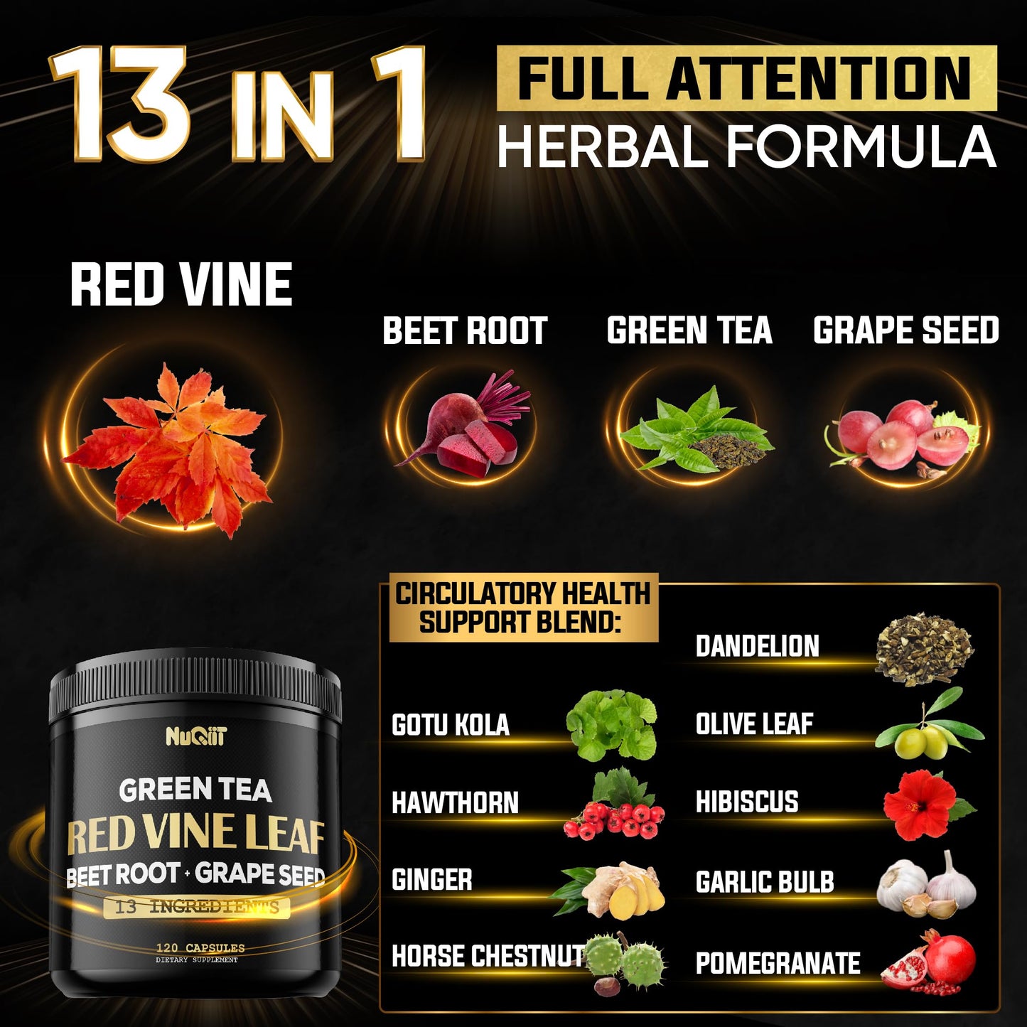 NUQIIT Red Vine Leaf Extract with Beet Root, Green Tea Supplement & More, 120 Capsules