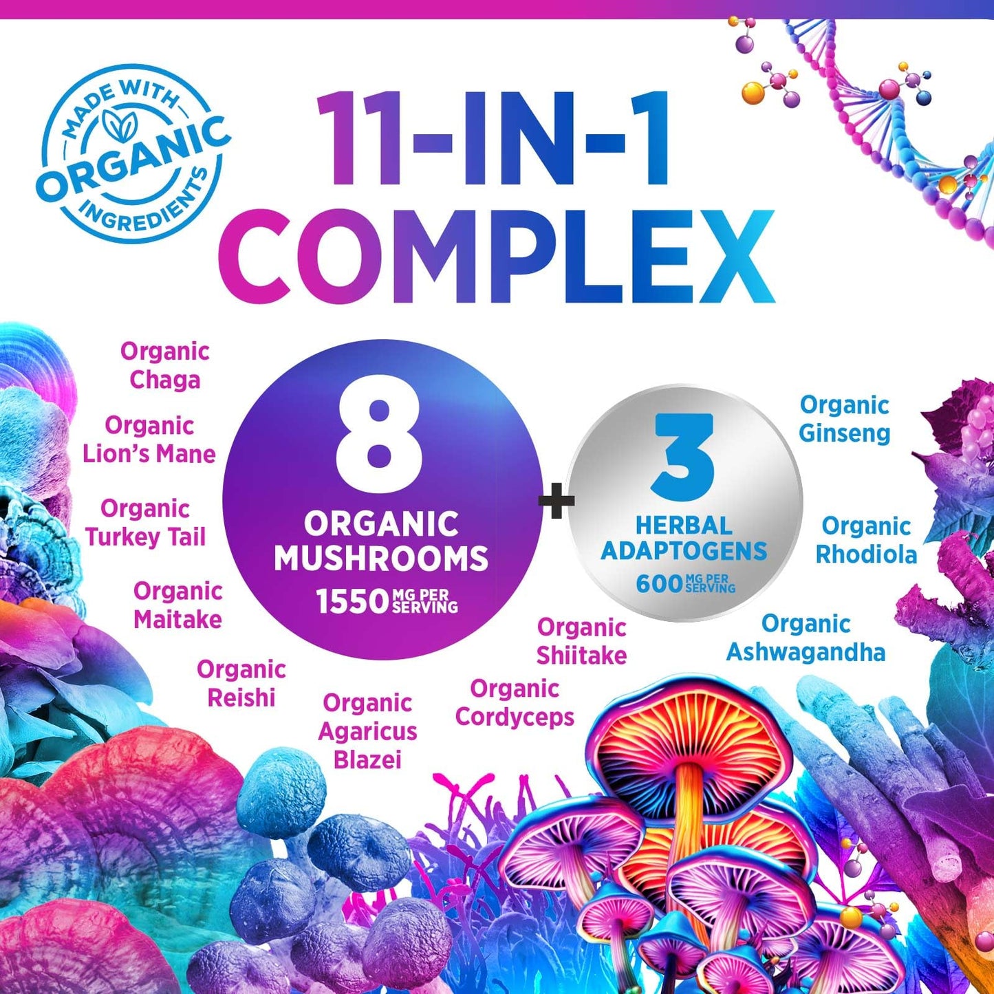 Nature's Peak Mushroom Powder Supplement 11-in-1 Blend Organic Lions Mane Reishi Cordyceps Chaga Turkey Tail Mushroom Extract Powder Brain & Immune Support Bottled in USA 4.6562