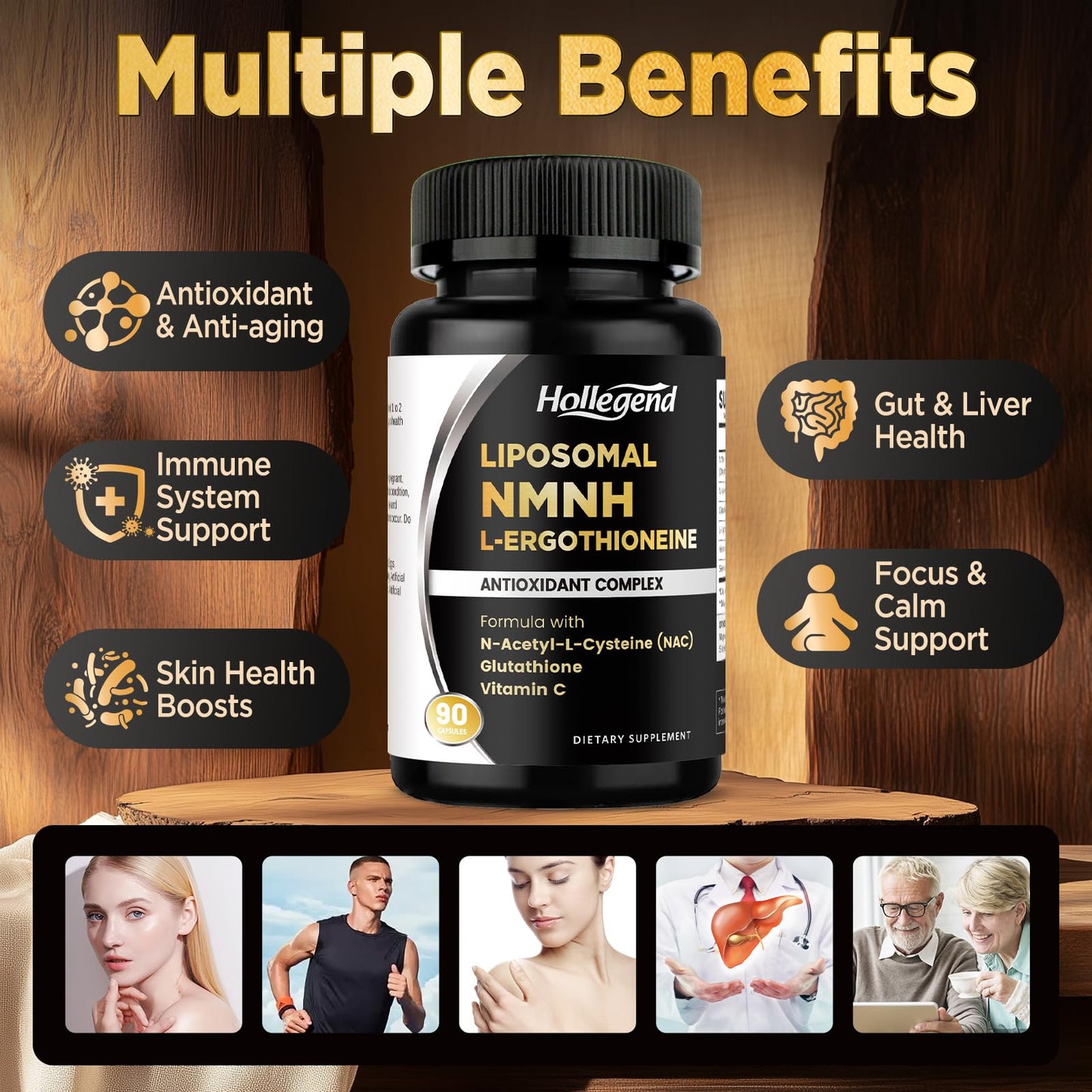 HOLLEGEND Liposomal NMNH & Ergothioneine Supplement, 6 in 1 Complex with NAC, Glutathione, Vitamin C & Selenium, Antioxidant & Immune Support, 90 Capsules