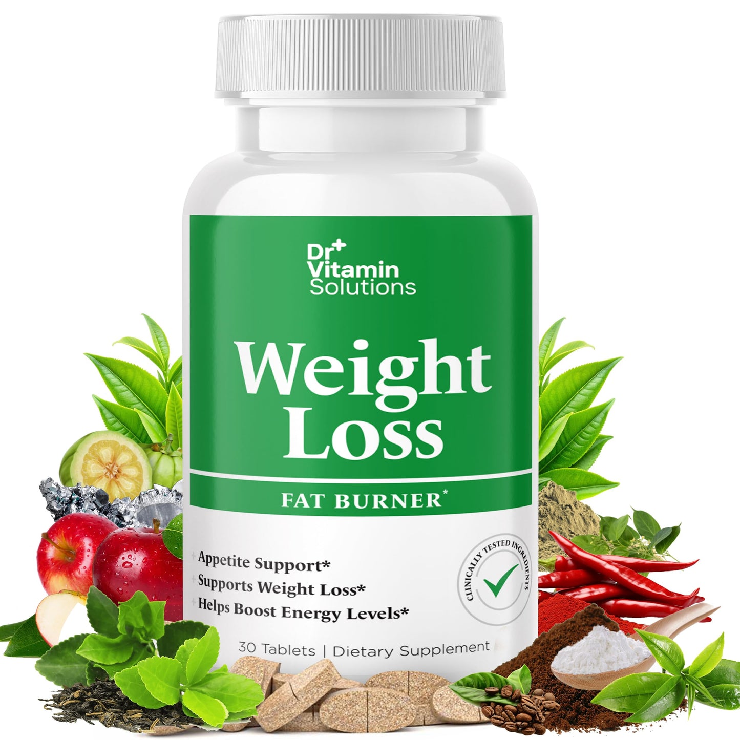 DR VITAMIN SOLUTIONS Fat Burner for Women & Men, Thermogenic Weight Loss Diet Pills, Appetite Suppressant & Metabolism Booster with Green Tea, Garcinia Cambogia, Chromium - Natural, Non-GMO, Made in USA, 30 Tablets