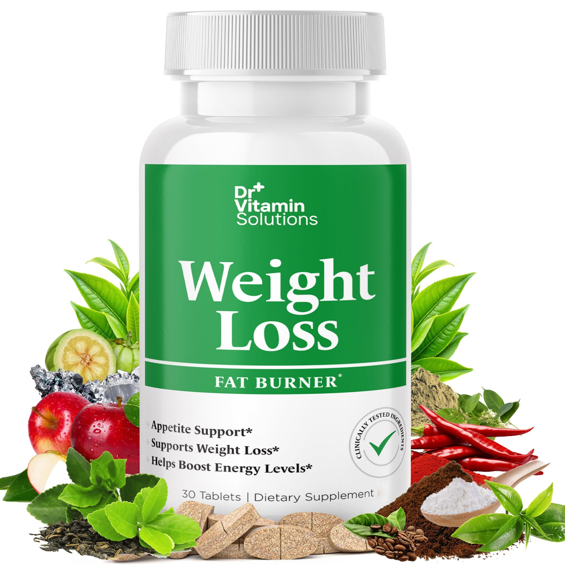 DR VITAMIN SOLUTIONS Fat Burner for Women & Men, Thermogenic Weight Loss Diet Pills, Appetite Suppressant & Metabolism Booster with Green Tea, Garcinia Cambogia, Chromium - Natural, Non-GMO, Made in USA, 30 Tablets