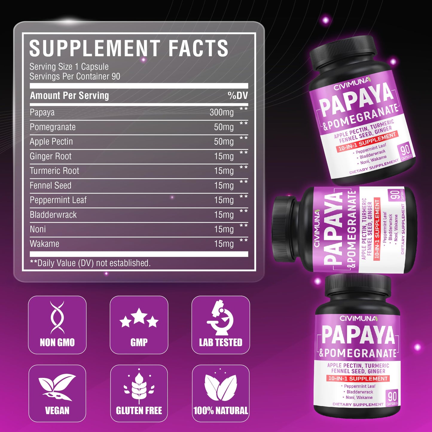 CIVIMUNA Papaya Capsules with Papaya, Pomegranate, Apple Pectin and More, 90 Capsules