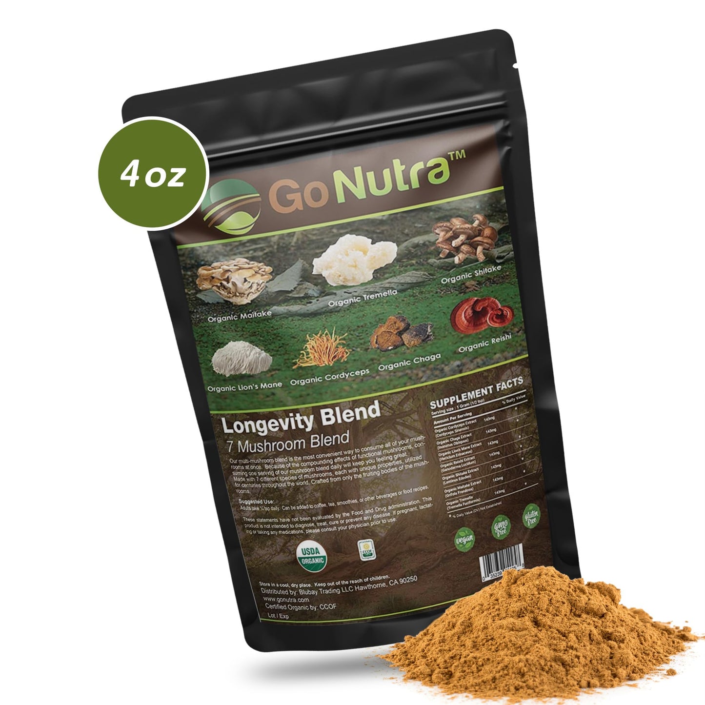 Go Nutra Organic 7 Mushroom Supplement Powder, 8 oz