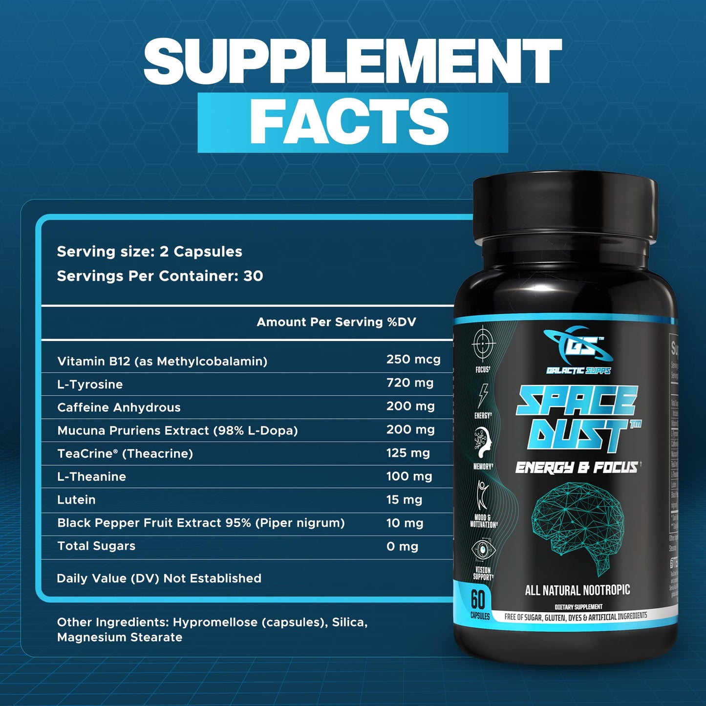 Galactic Supps Space Dust Nootropic Brain Supplement for Memory and Focus Capsule, 60 Count