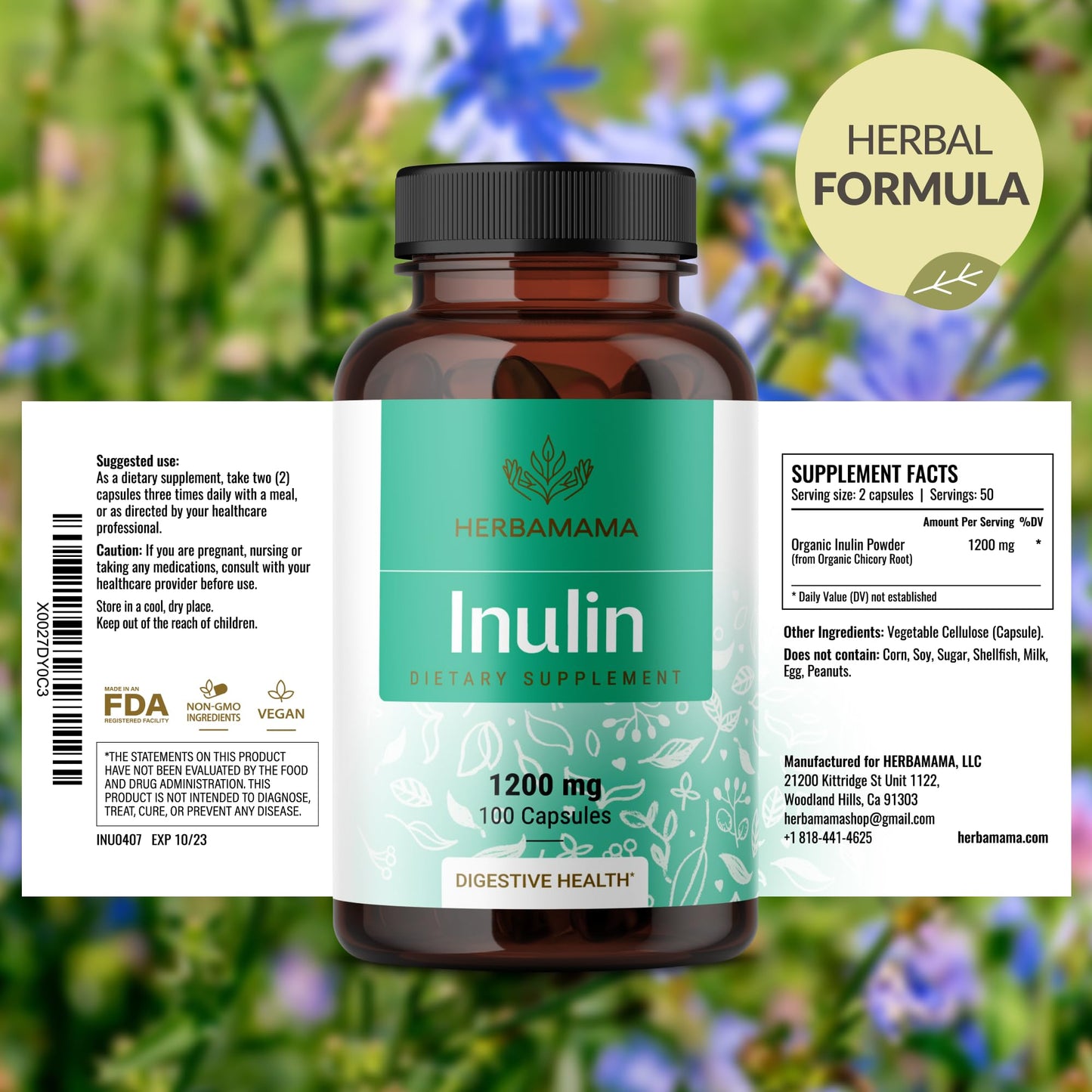 HERBAMAMA Inulin Powder Capsules 1200mg - Digestive Support & Gut Cleanse with Inulin Prebiotic Fiber - Vegan, Non-GMO Chicory Root Powder Supplement, 200 Capsules