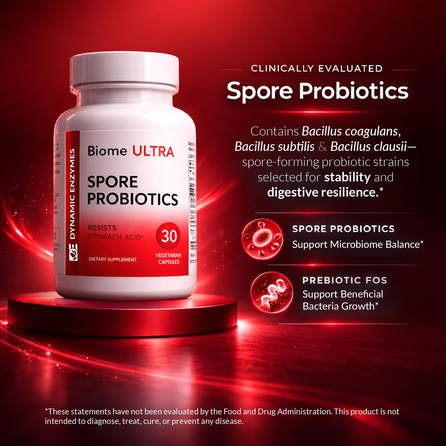 Dynamic Enzymes Biome Ultra Spore Probiotic + Prebiotic FOS (ProbioSEB CSC3) – 5 Billion CFU Per Capsule – Bacillus Coagulans, Subtilis & Clausii – Shelf-Stable Daily Probiotic for Gut & Microbiome Support, 30 Capsules