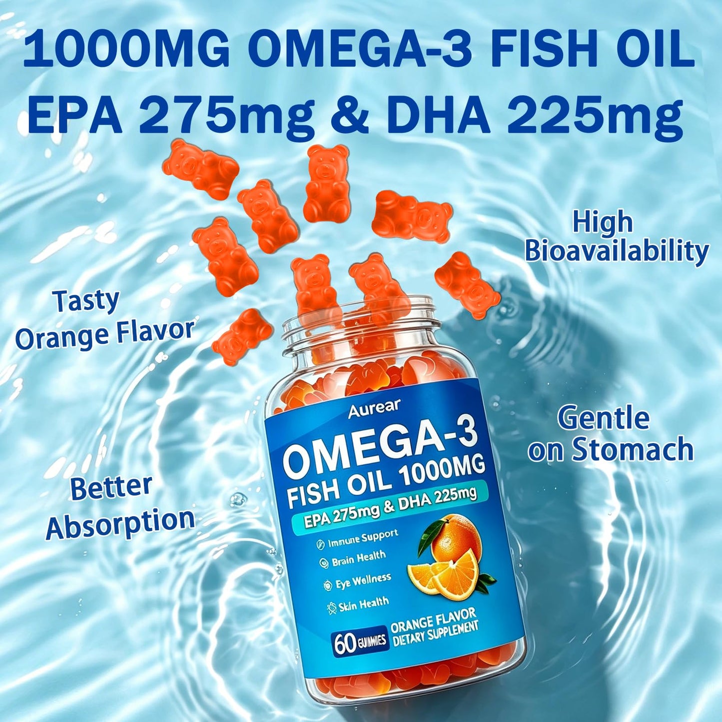 Aurear 1000mg Omega-3 Fish Oil Gummies for Women, 60 Count