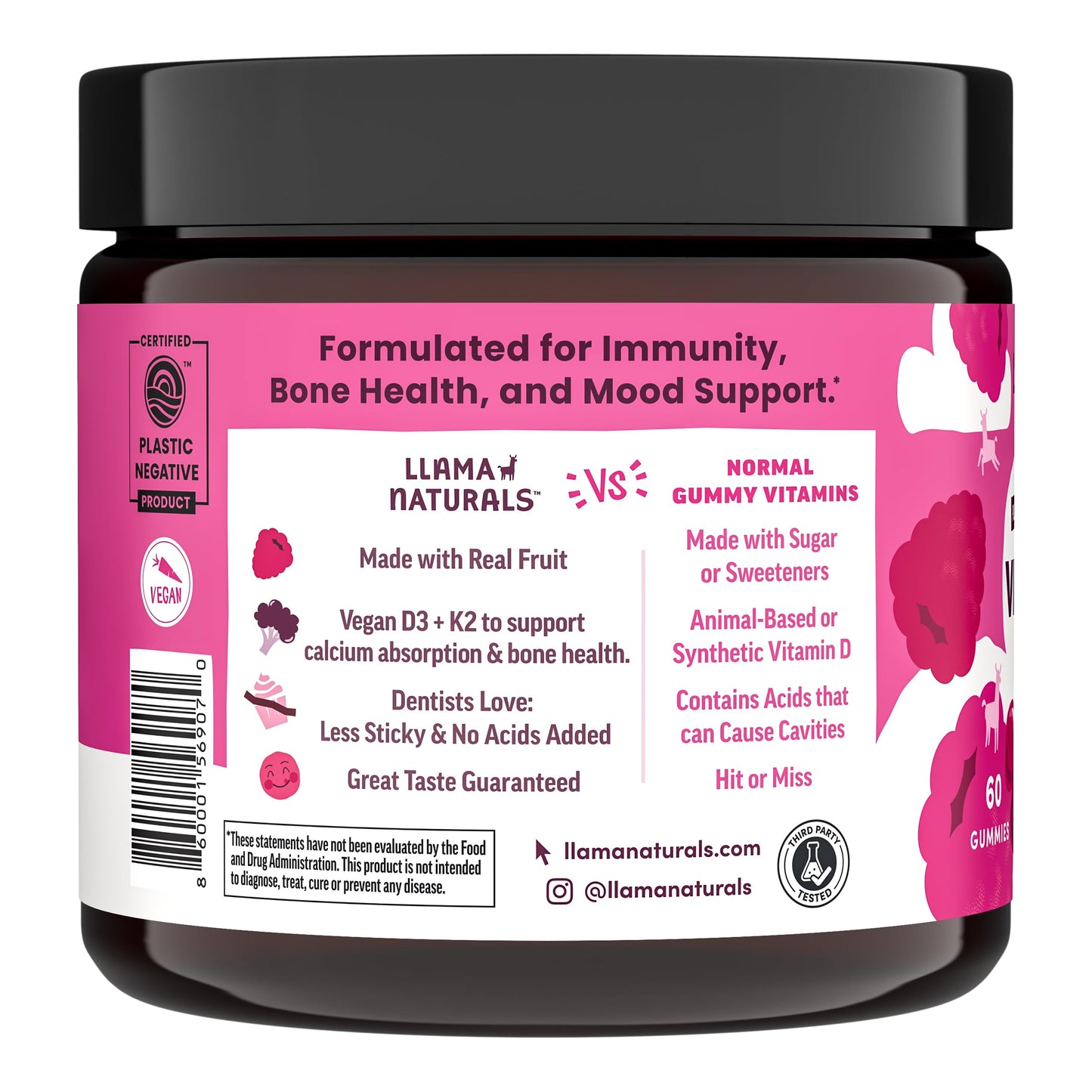 Llama Naturals Vitamin D3 K2 Gummies, Real Fruit Gummies, 120 Count