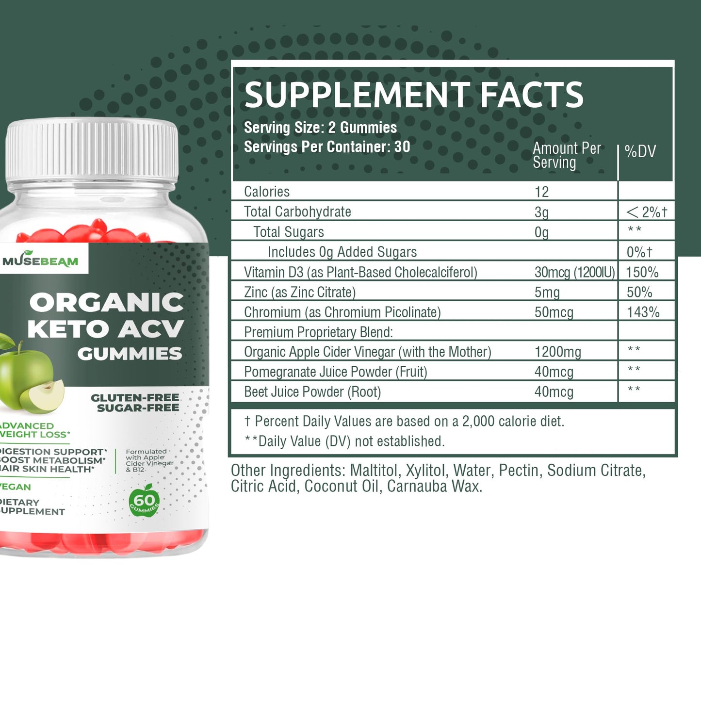 Musebeam Organic Keto ACV Gummies 1000mg, 60 Count