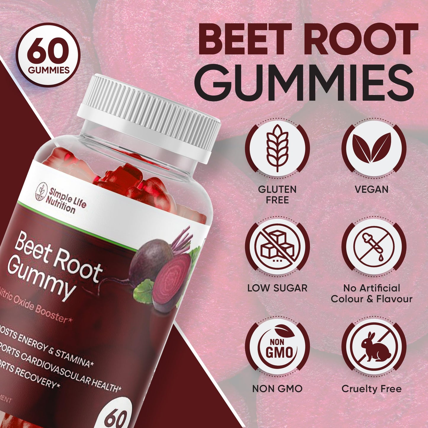 Simple Life Nutrition Organic Beet Root Gummies Nitric Oxide Booster for Men & Women 60 Gummies