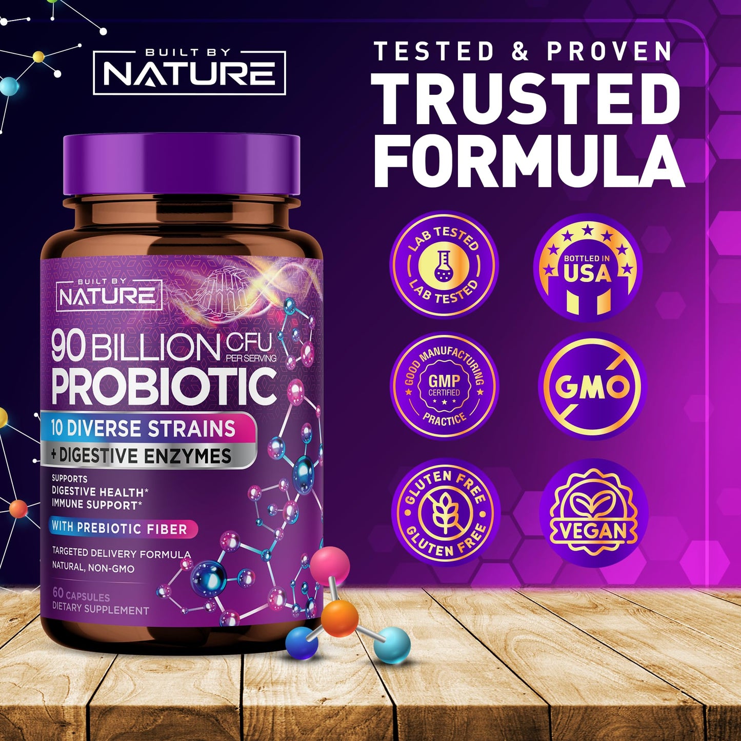 Built by Nature 100 Billion CFU Probiotic Daily Digestive Gut Health Supplement with Lactobacillus acidophilus, Bifidobacterium & Prebiotics - Capsule, 60 Count