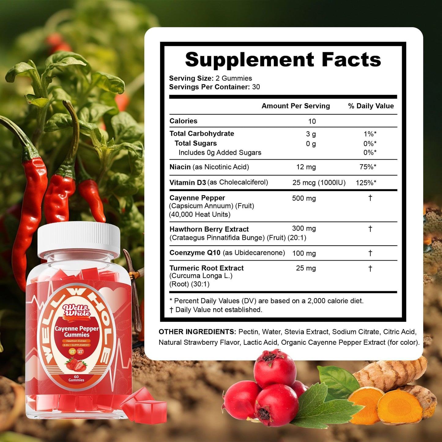 Well&Whole Cayenne Pepper Extract Gummies with Hawthorn, CoQ10, Turmeric, Niacin and Vitamin D3 - Support for Cardiovascular Health, Energy and Vitality - Vegan & Non-GMO, 60 Gummies