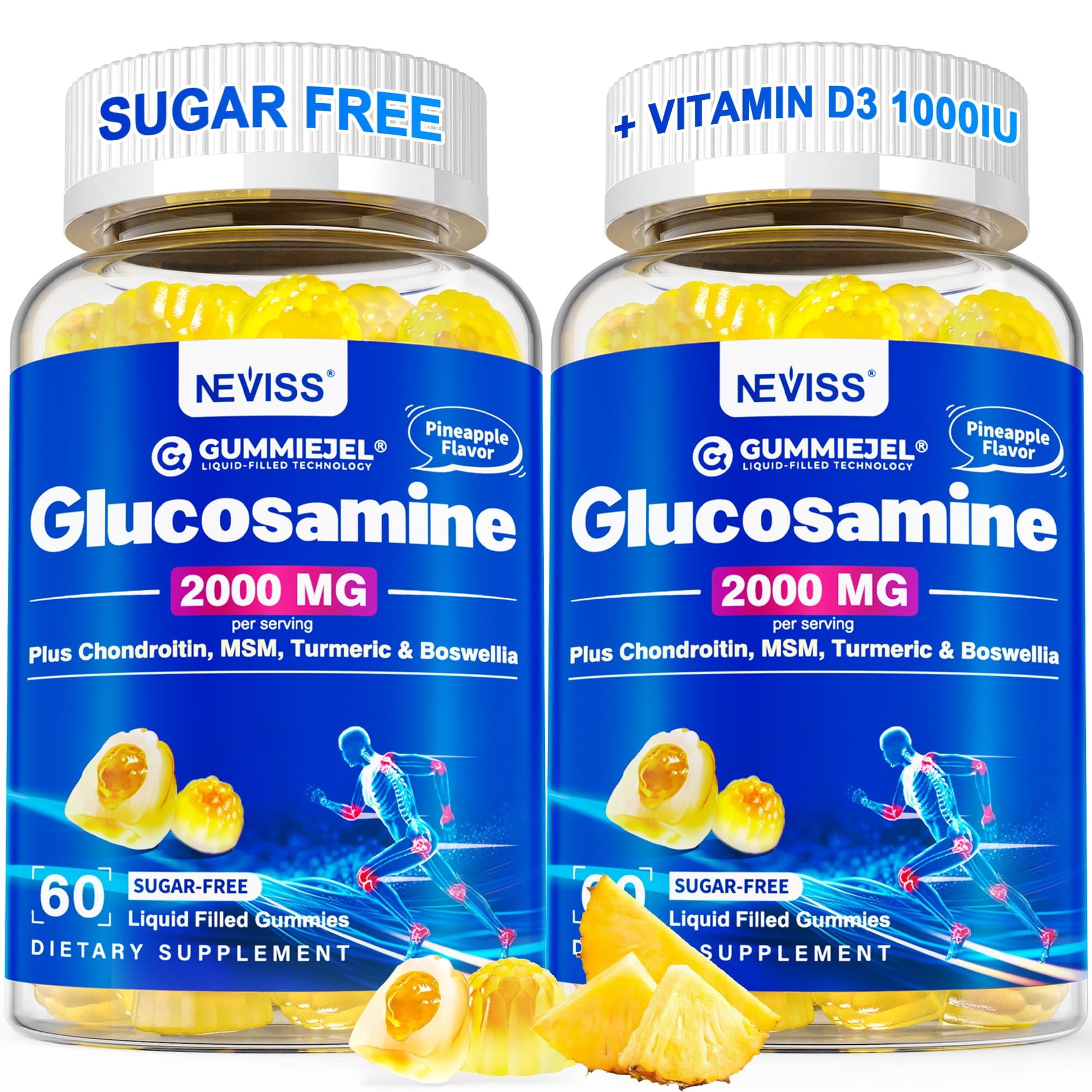 NEVISS Sugar Free Glucosamine Filled Gummies - Glucosamine Supplement Plus Chondroitin, MSM, Turmeric, Boswellia, Hyaluronic Acid, Vitamin D3 & Zinc, 120 Gummies