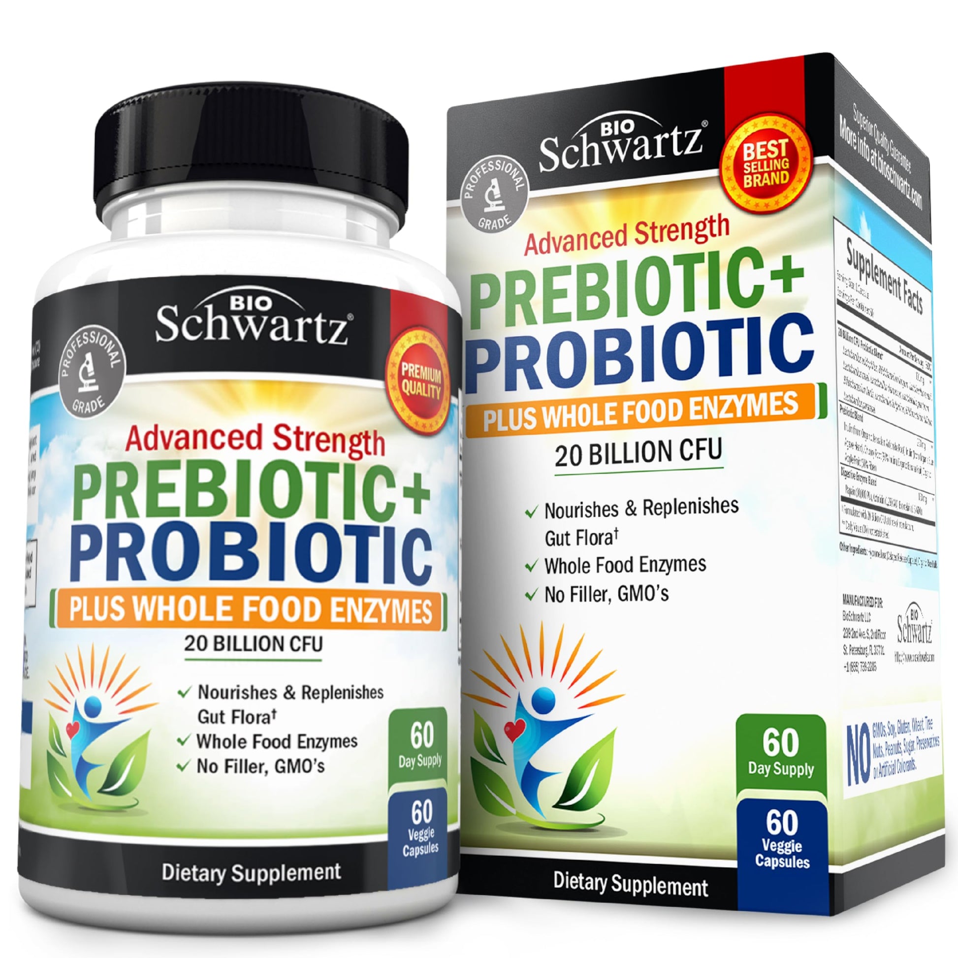 BioSchwartz Advanced Prebiotics and Probiotics for Women & Men, Immune, Digestive & Gut Health with L. Reuteri, Inulin Fiber, Digestive Enzymes, Non-GMO, Gluten-Free, Dairy-Free, 60 Capsules