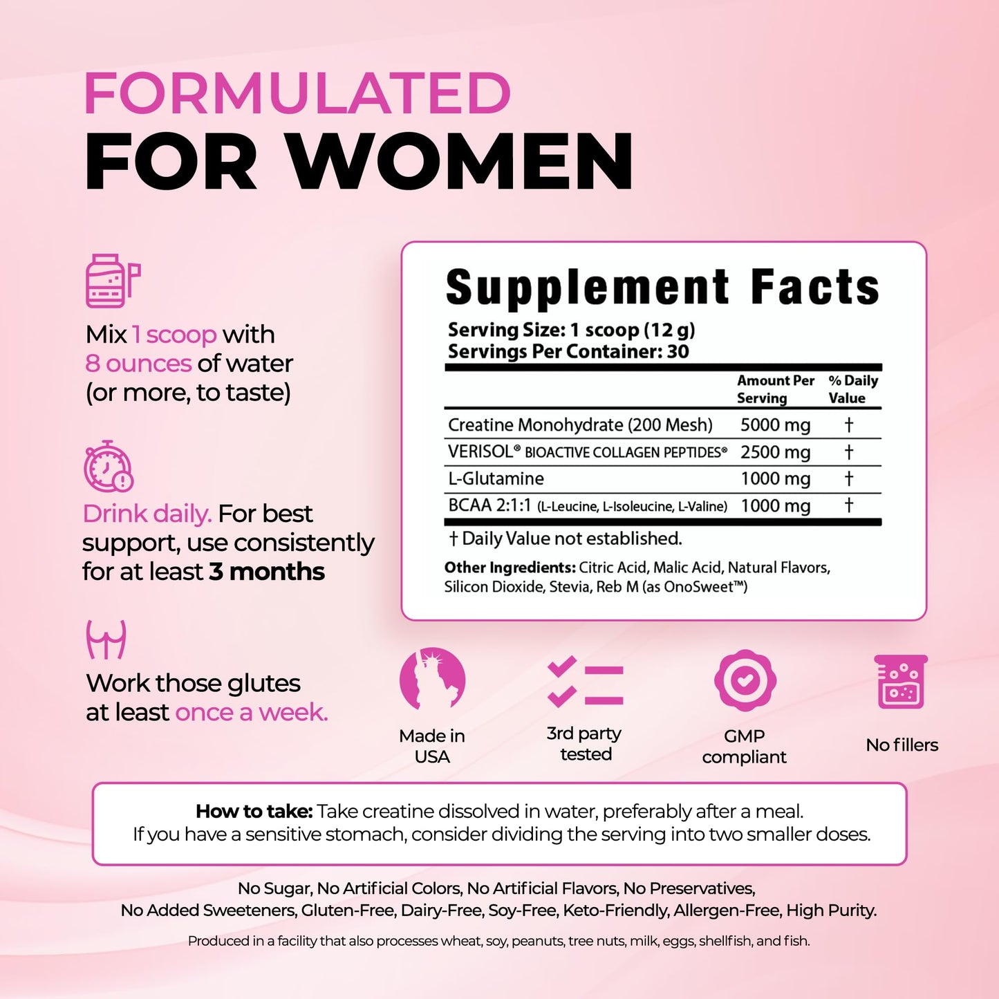 Bold Buns Creatine for Women – Supplement with Collagen & BCAA Powder, 12.7 Ounce