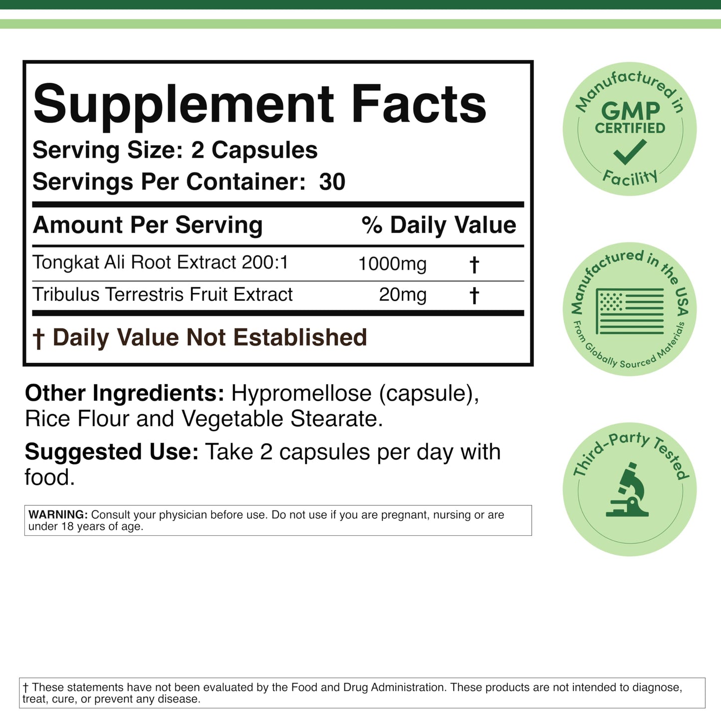 Double Wood Supplements Tongkat Ali Extract Ultra High Potency 200:1 for Men (Longjack) Eurycoma Longifolia 1000mg per Serving with 20mg Tribulus Terrestris, 60 Capsules