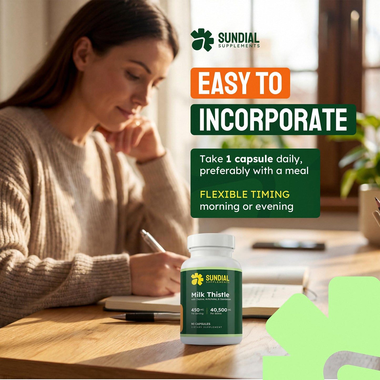 Sundial Supplements Milk Thistle Complex 450mg Silymarin 144mg with Alpha GPC Choline, Artichoke Leaf Extract & Dandelion 10:1 Extract, 90 Vegan Capsules