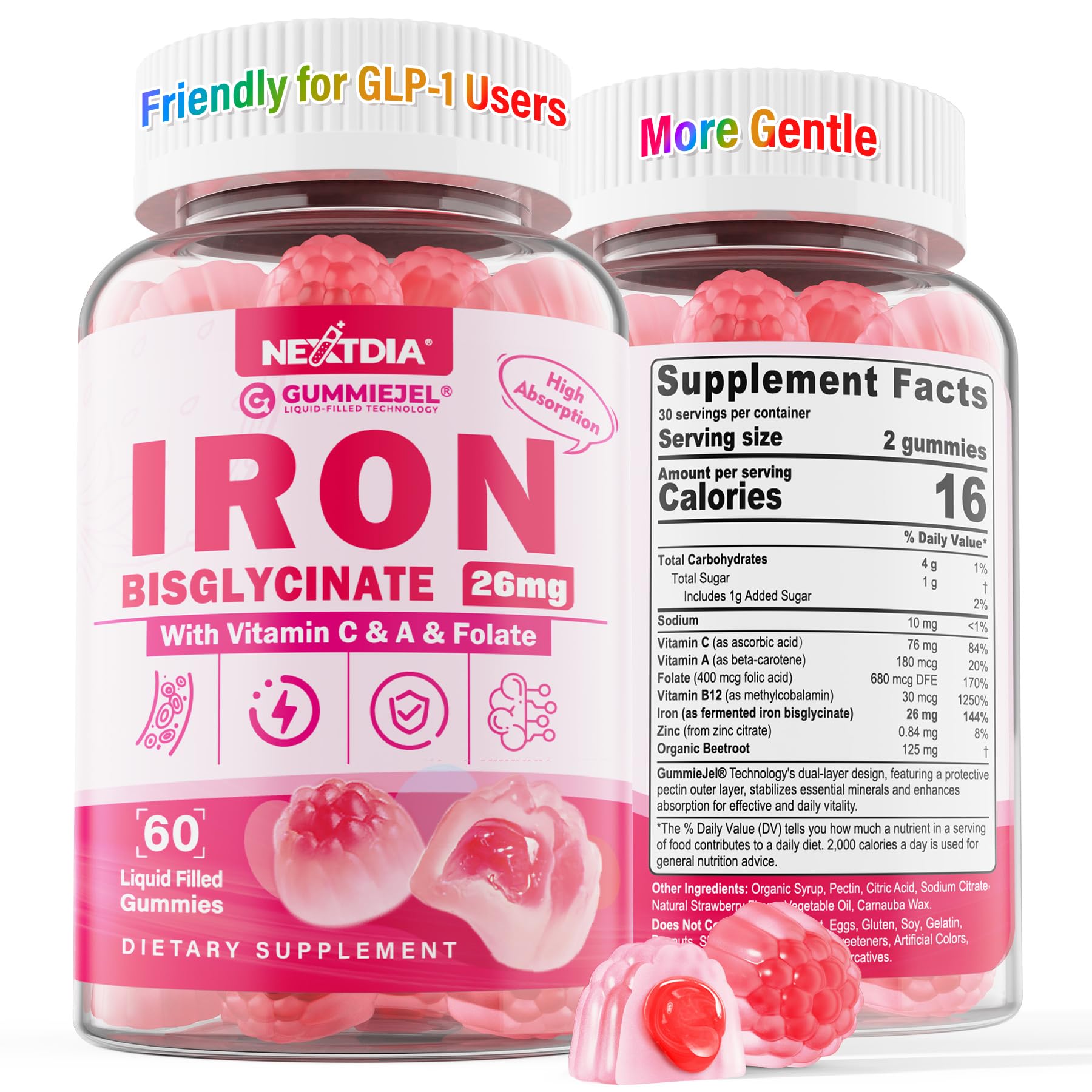 Nextdia Iron Bisglycinate Gummies 26mg with Vitamin C, Folate, B12 & Zinc, GLP-1 Friendly, High Absorption Iron Supplement for Iron Deficiency, Immune & Energy, Sugar-Free, 60 Gummies