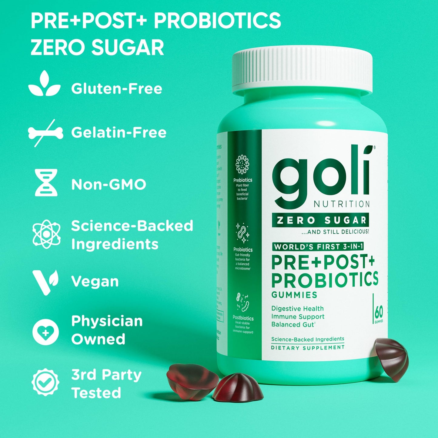 Goli Zero Sugar Pre Pro Postbiotic Gummies, 180 Gummies