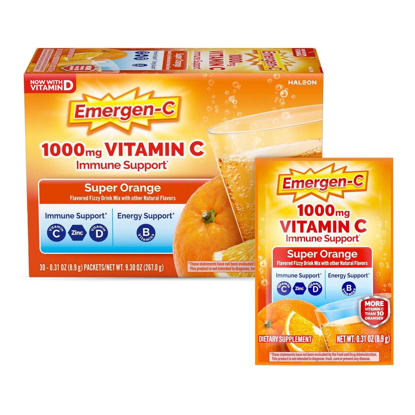 Emergen-C Vitamin C Powder 1000mg, Daily Immune Support, Super Orange Flavor, 30 Count