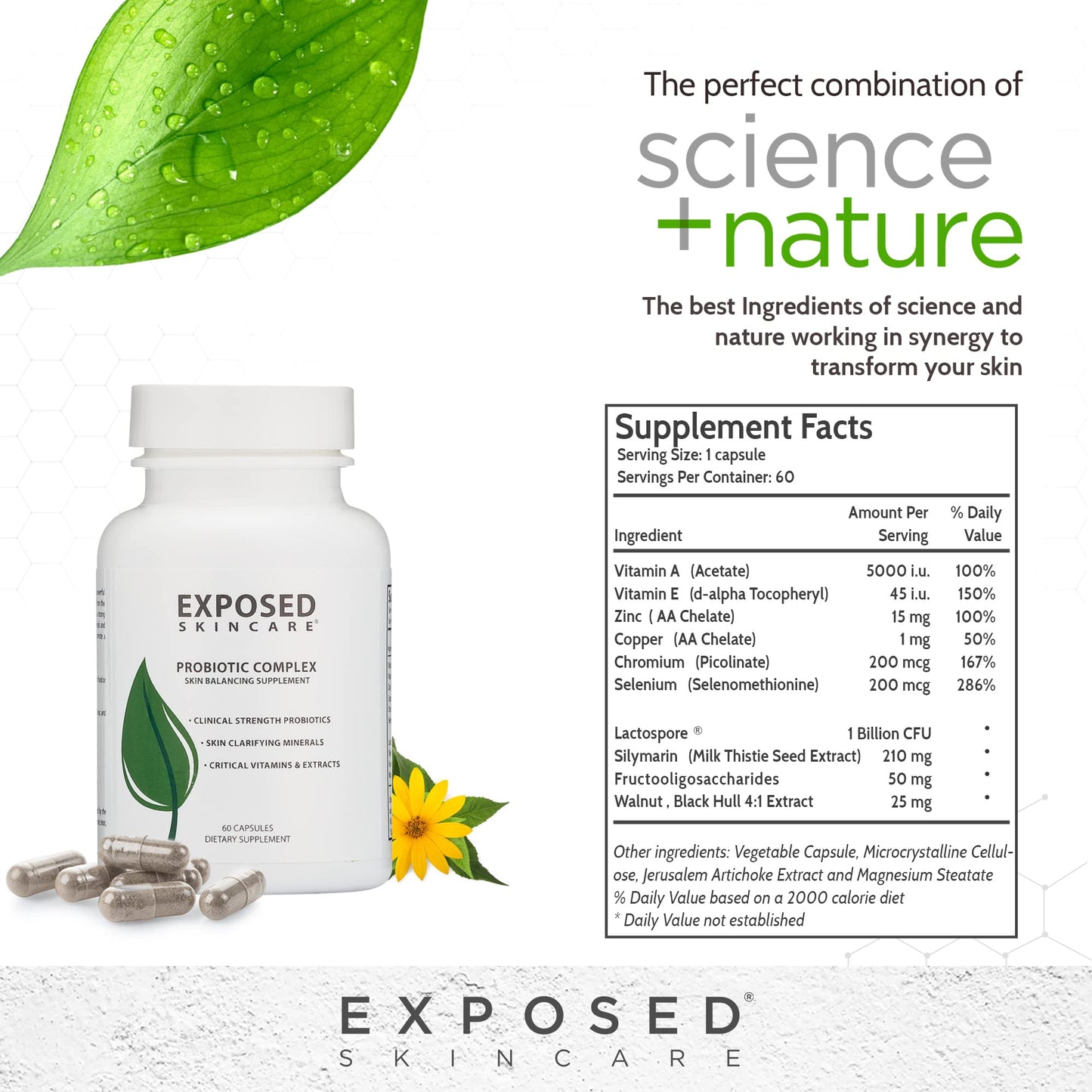 Exposed Skin Care Probiotic Supplement Complex with 1 Billion CFU – Daily Probiotic for Skin, Gut and Immune Health Support – Digestive Wellness Formula for Men and Women – Non-GMO Capsules, 60 Count