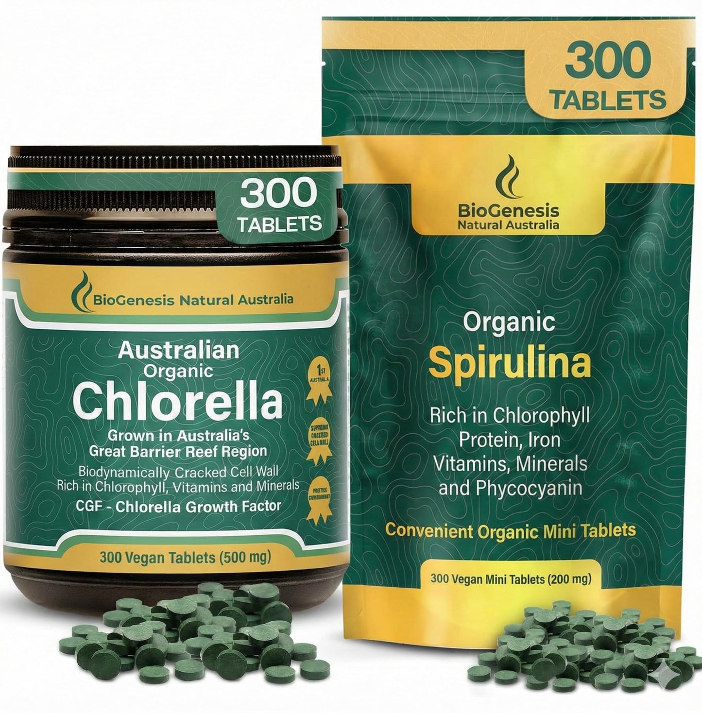 Biogenesis 100% Australian Organic Greens Kit – Spirulina Mini Tabs & Chlorella Tablets, 600 Tablets
