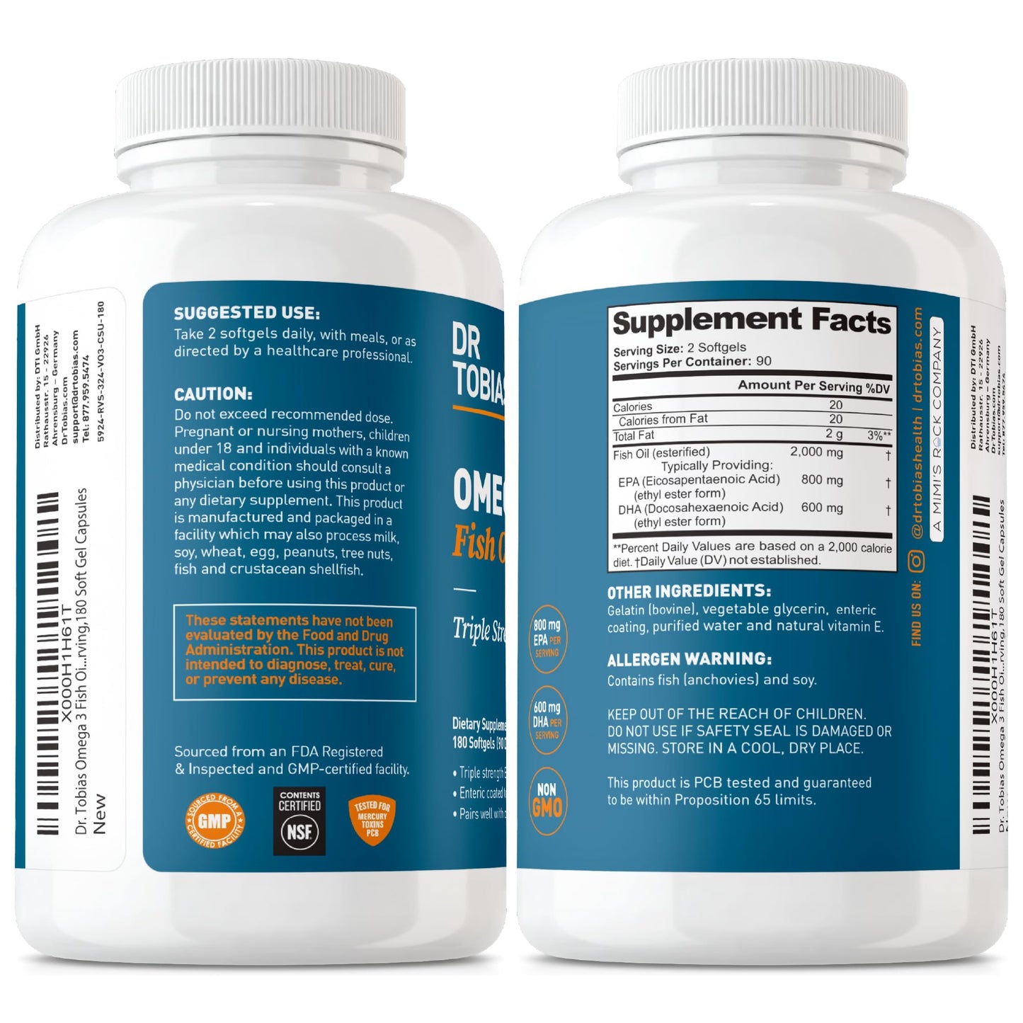 Dr. Tobias Omega 3 Fish Oil 2000mg Triple Strength with 800mg EPA 600mg DHA Per Serving, Soft Gel, 180 Softgels