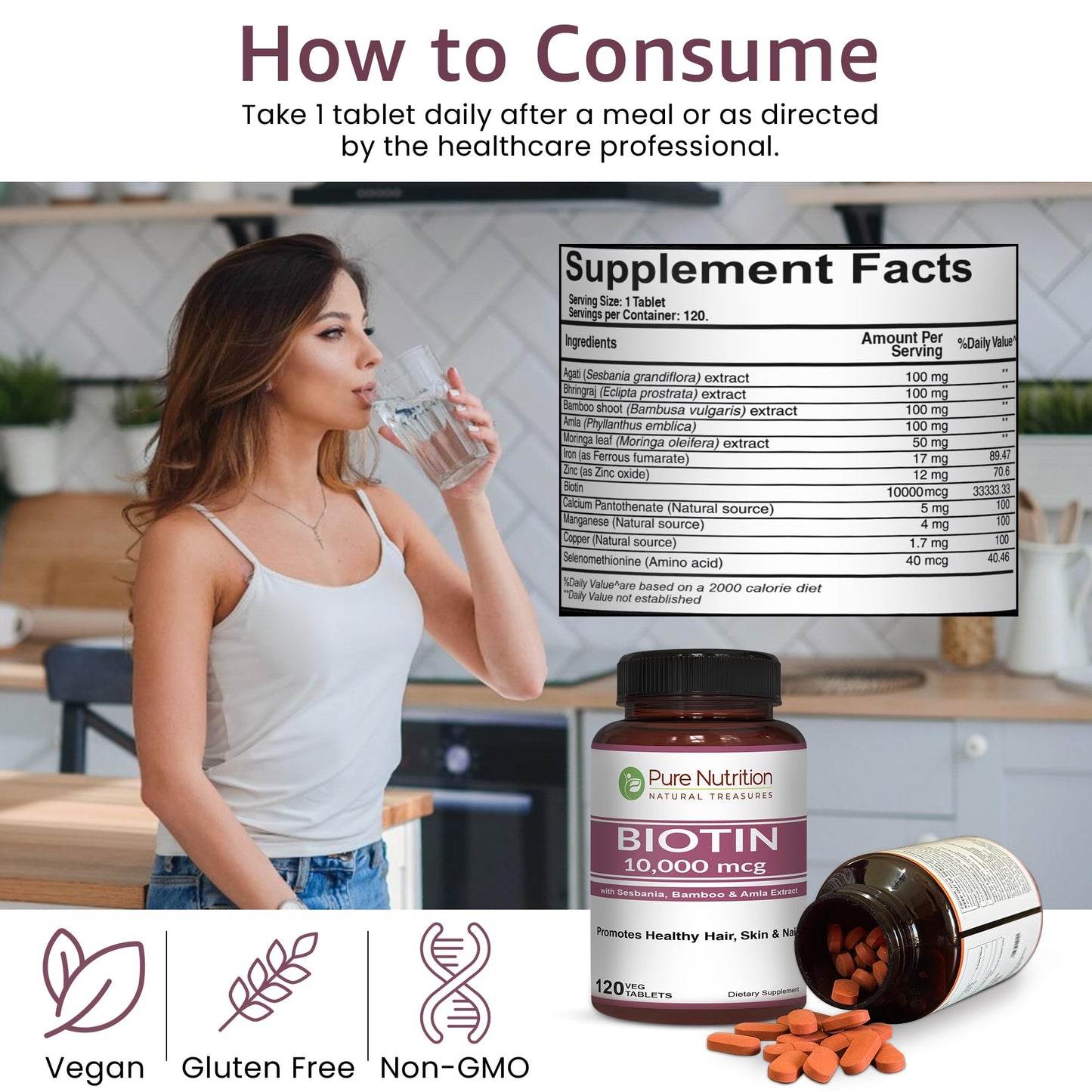 Pure Nutrition Natural Treasures Biotin 10000mcg with Sesbania, Bamboo & Amla Extract Tablets, 120 Count