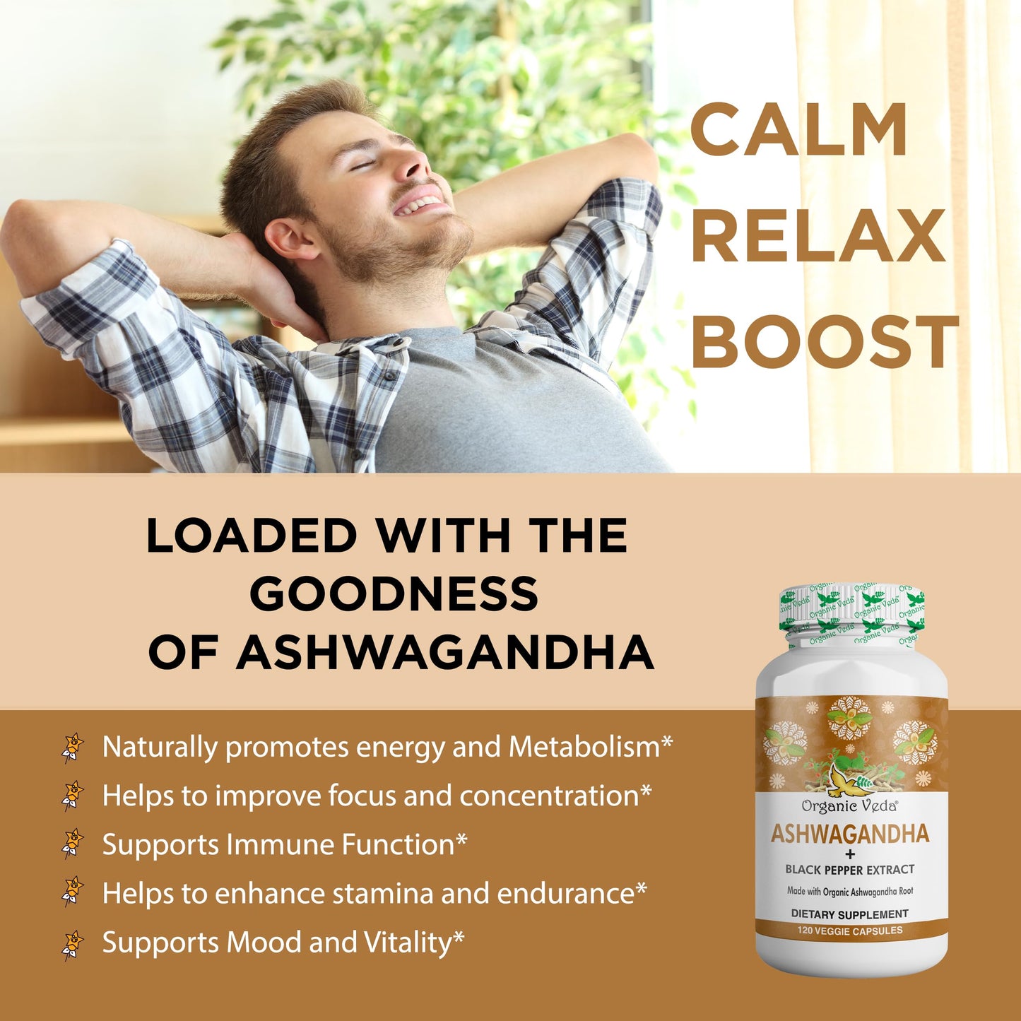 Organic Veda Ashwagandha Capsules Full Strength with Black Pepper Extract, 120 Veg Capsules
