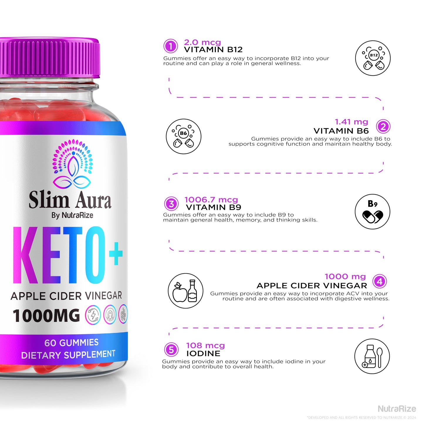 NutraRize Slim Aura Keto ACV Gummies, 180 Gummies