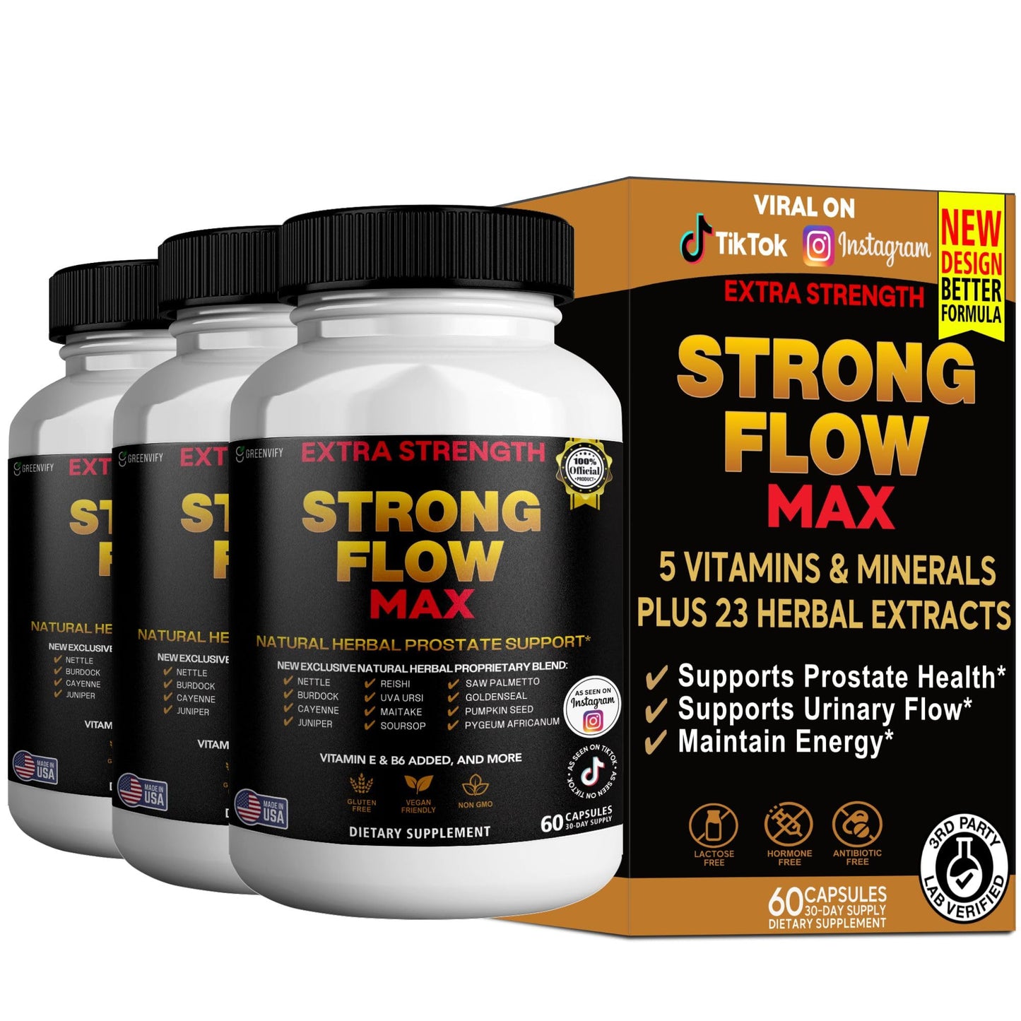 GREENVIFY Strong Flow Max Extra Strength Prostate Support Natural Herbal Supplement with Saw Palmetto, 60 Capsules
