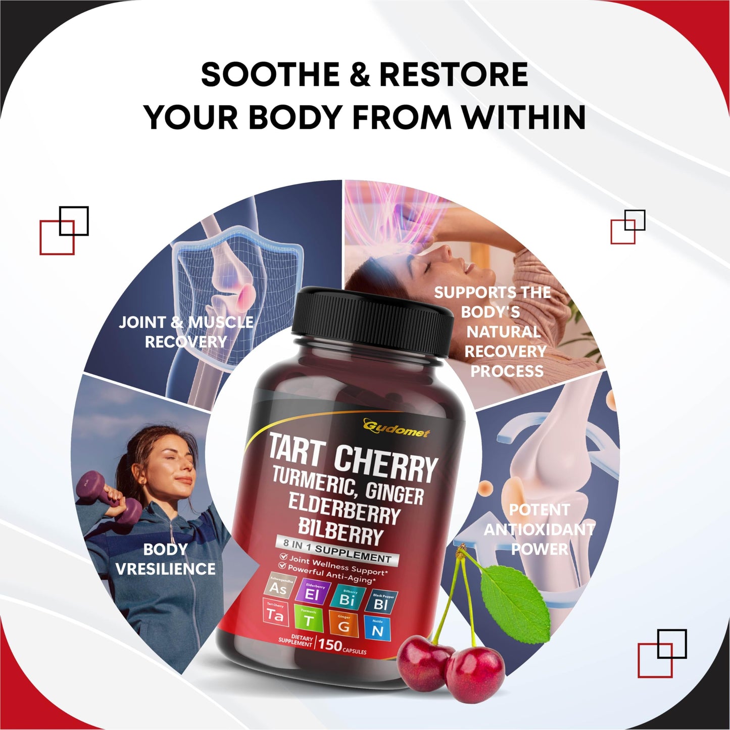 GUDOMET Tart Cherry Turmeric Ginger Stinging Ashwagandha Elderberry Bilberry Black Pepper Capsules 150 Capsules