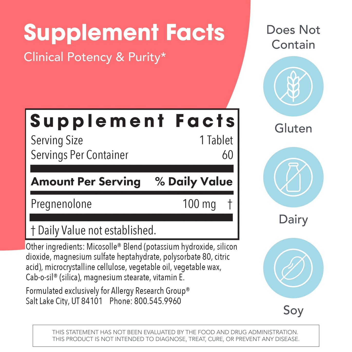 Allergy Research Group ARG Pregnenolone 100 mg - Micronized Hormone Precursor Support - Highly Bioavailable - Hypoallergenic Tablet, 60 Tablets