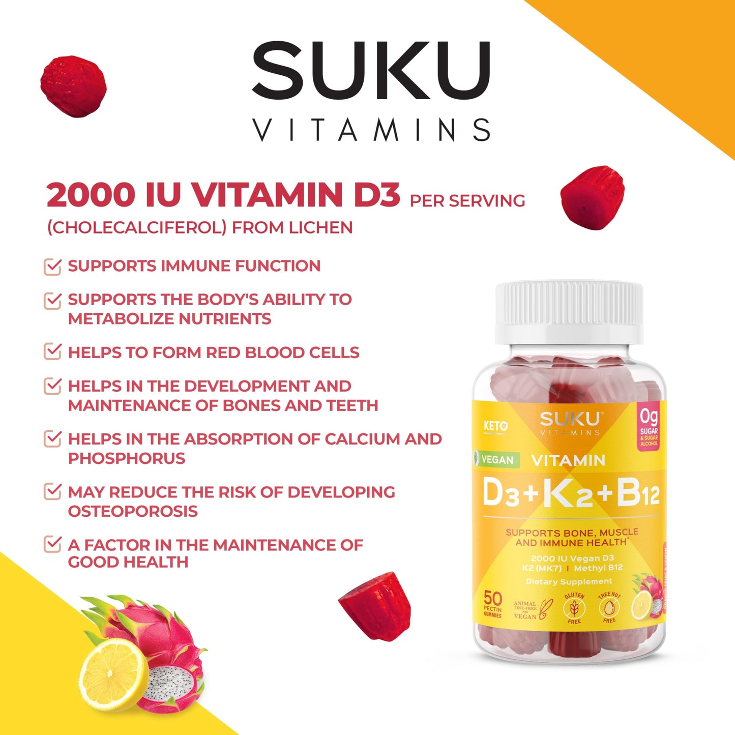 SUKU Vitamins Vegan D3 + K2 + B12 Gummy, 1 Count